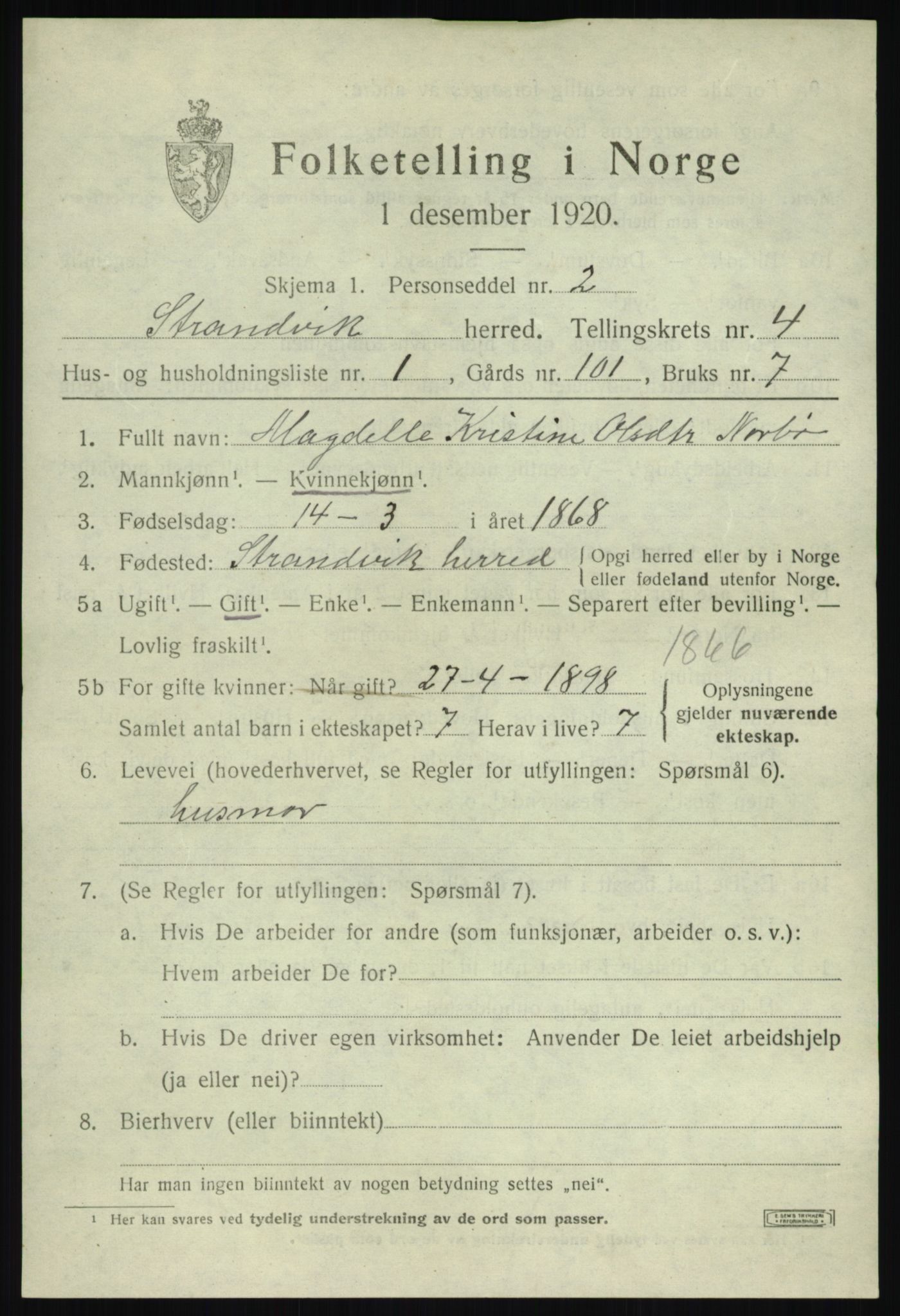 SAB, 1920 census for Strandvik, 1920, p. 3150