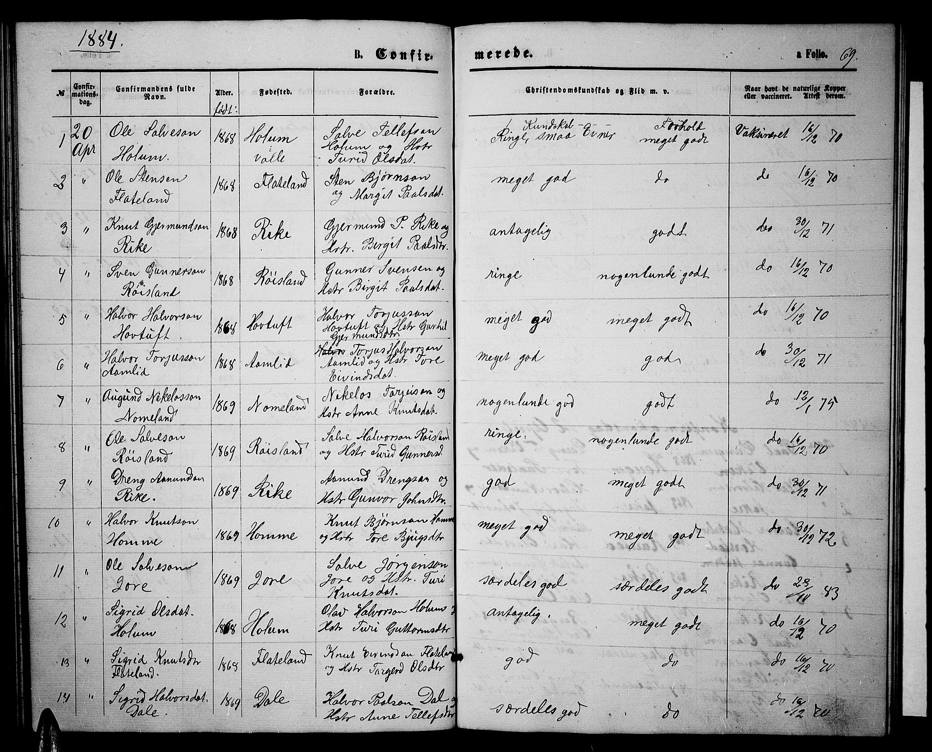 Valle sokneprestkontor, AV/SAK-1111-0044/F/Fb/Fbc/L0003: Parish register (copy) no. B 3, 1871-1890, p. 69