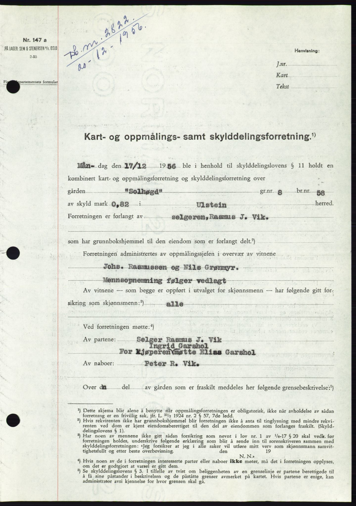 Søre Sunnmøre sorenskriveri, AV/SAT-A-4122/1/2/2C/L0105: Mortgage book no. 31A, 1956-1957, Diary no: : 2822/1956