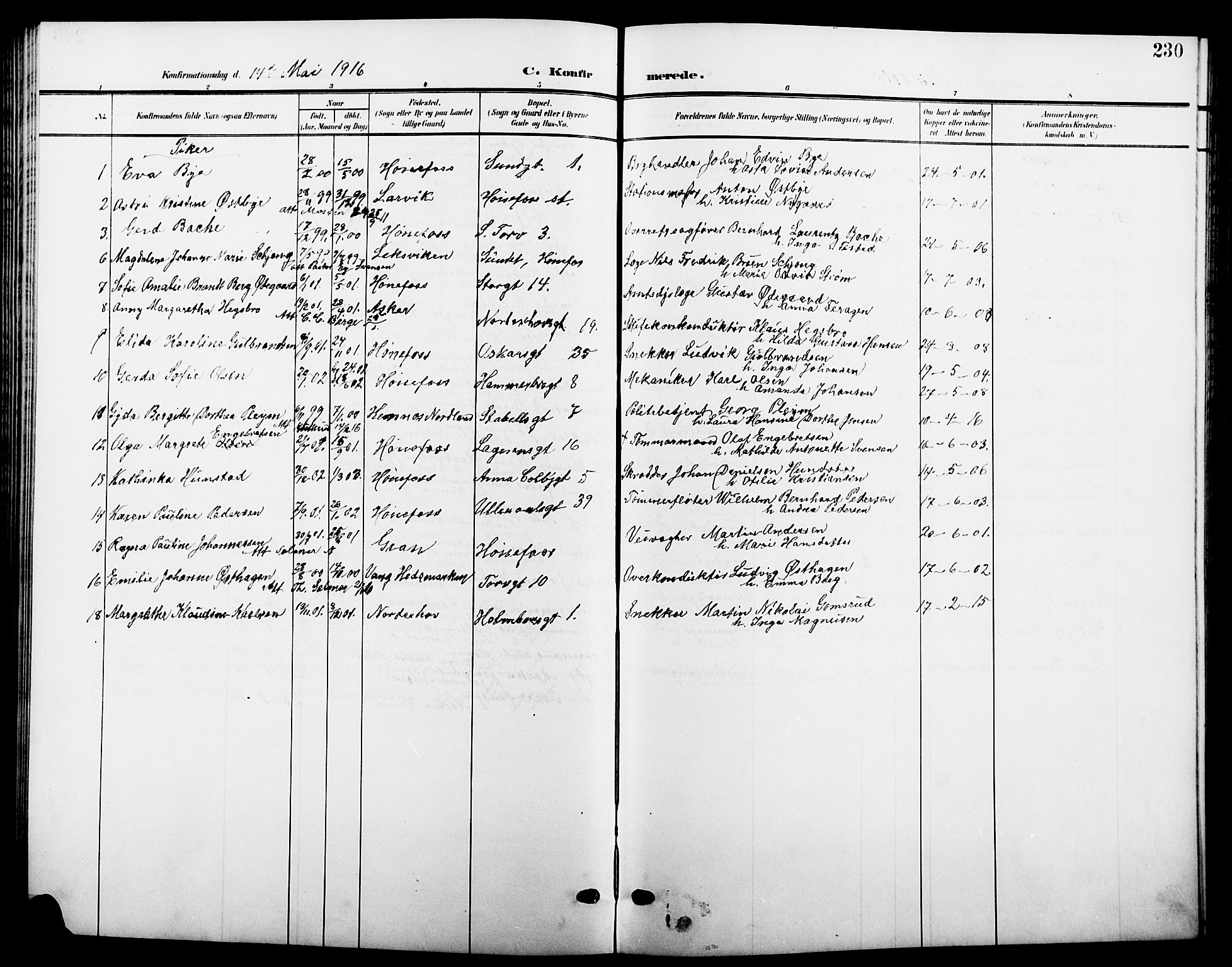 Hønefoss kirkebøker, AV/SAKO-A-609/G/Ga/L0003: Parish register (copy) no. 3, 1905-1925, p. 230