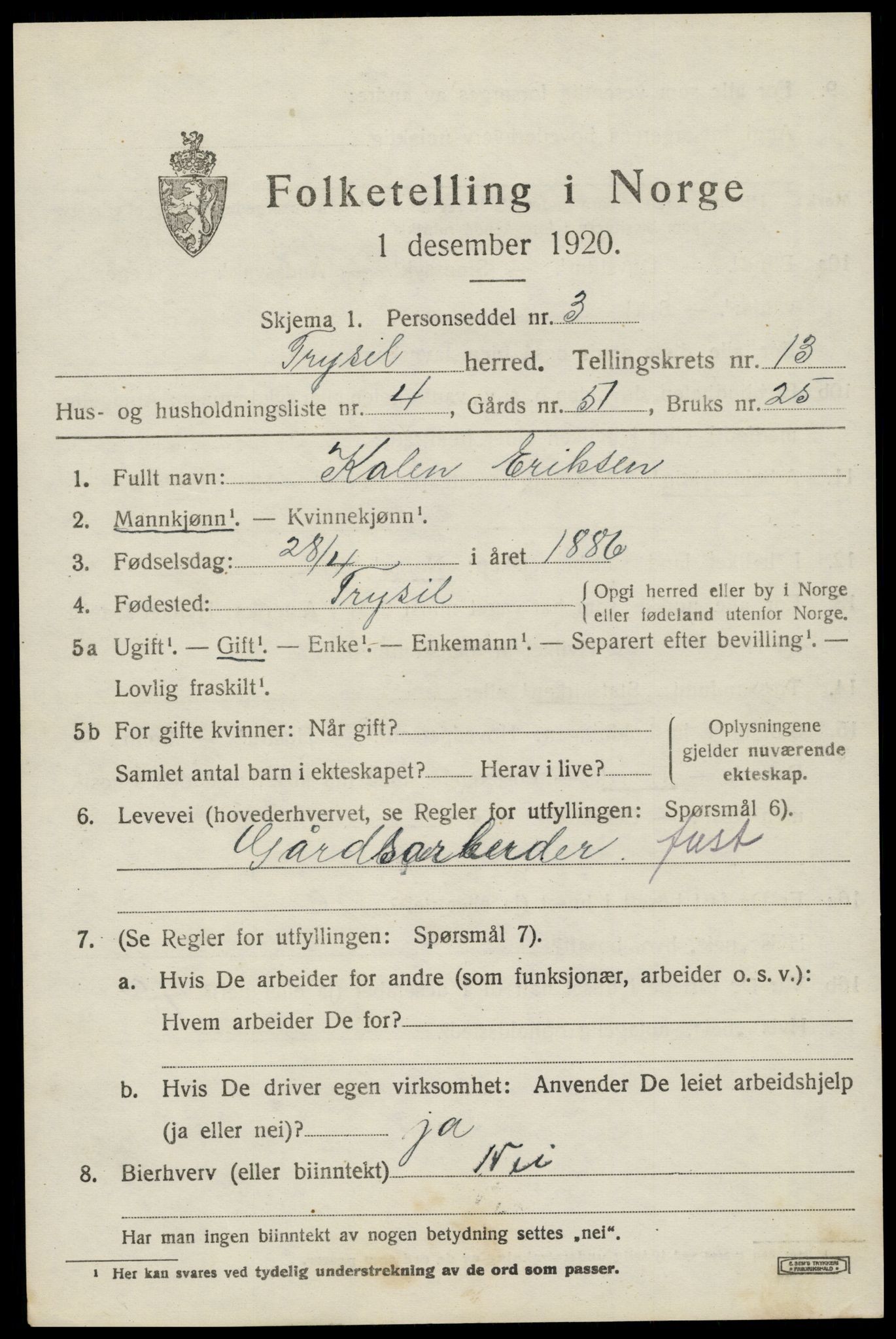SAH, 1920 census for Trysil, 1920, p. 7661