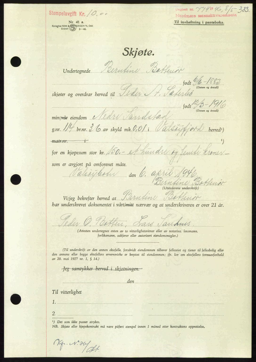 Nordmøre sorenskriveri, AV/SAT-A-4132/1/2/2Ca: Mortgage book no. A101, 1946-1946, Diary no: : 774/1946