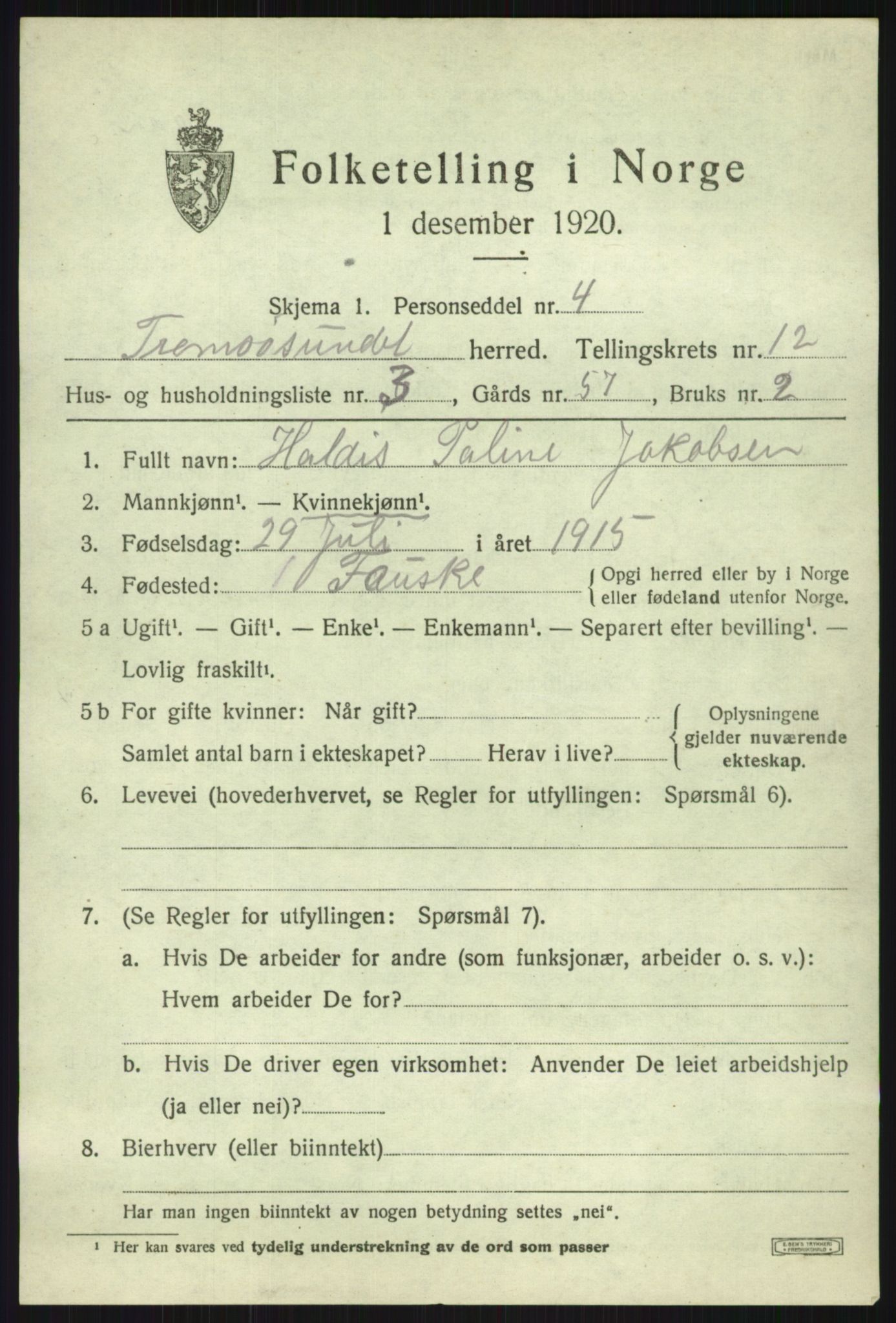 SATØ, 1920 census for Tromsøysund, 1920, p. 7620