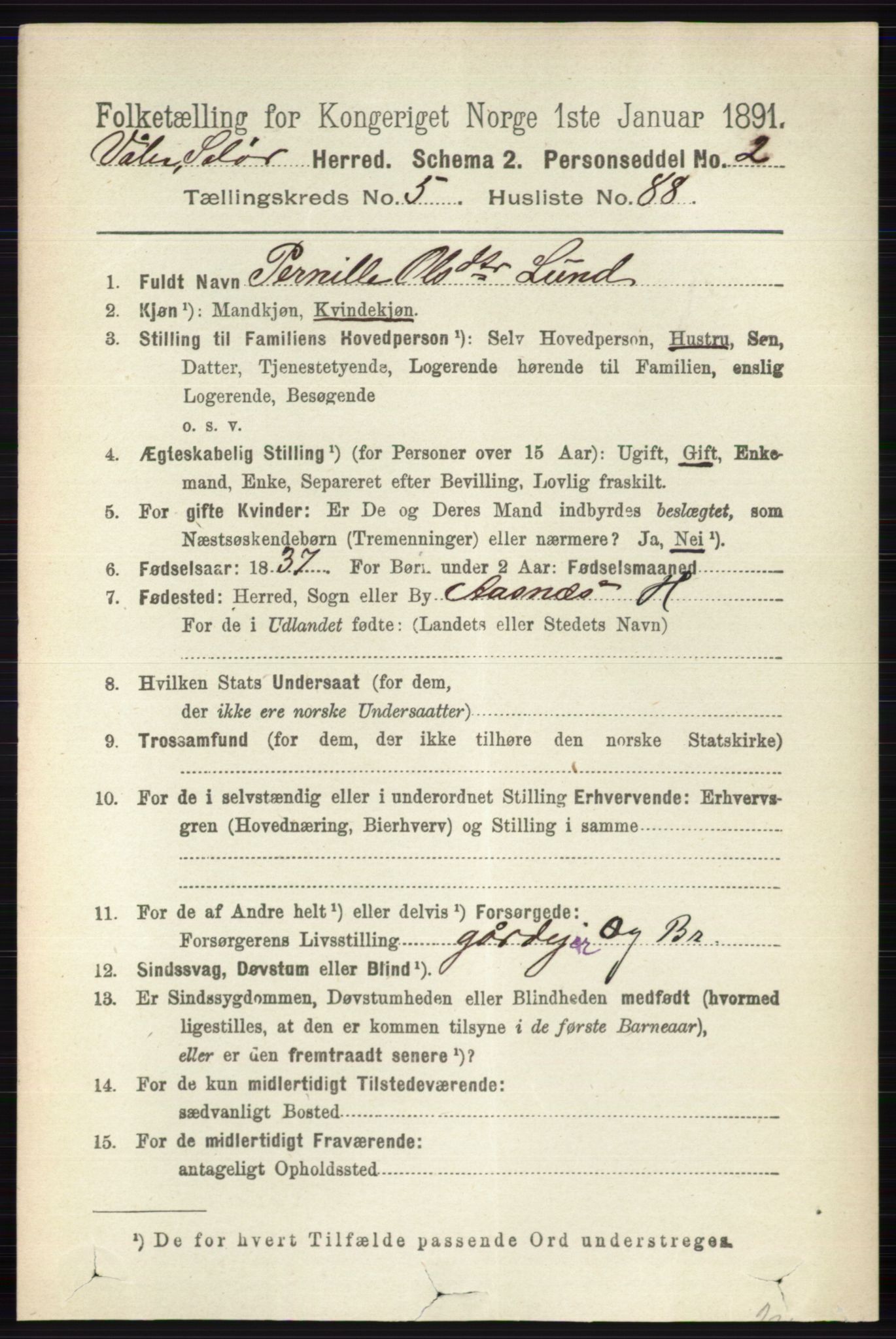 RA, 1891 census for 0426 Våler, 1891, p. 2386