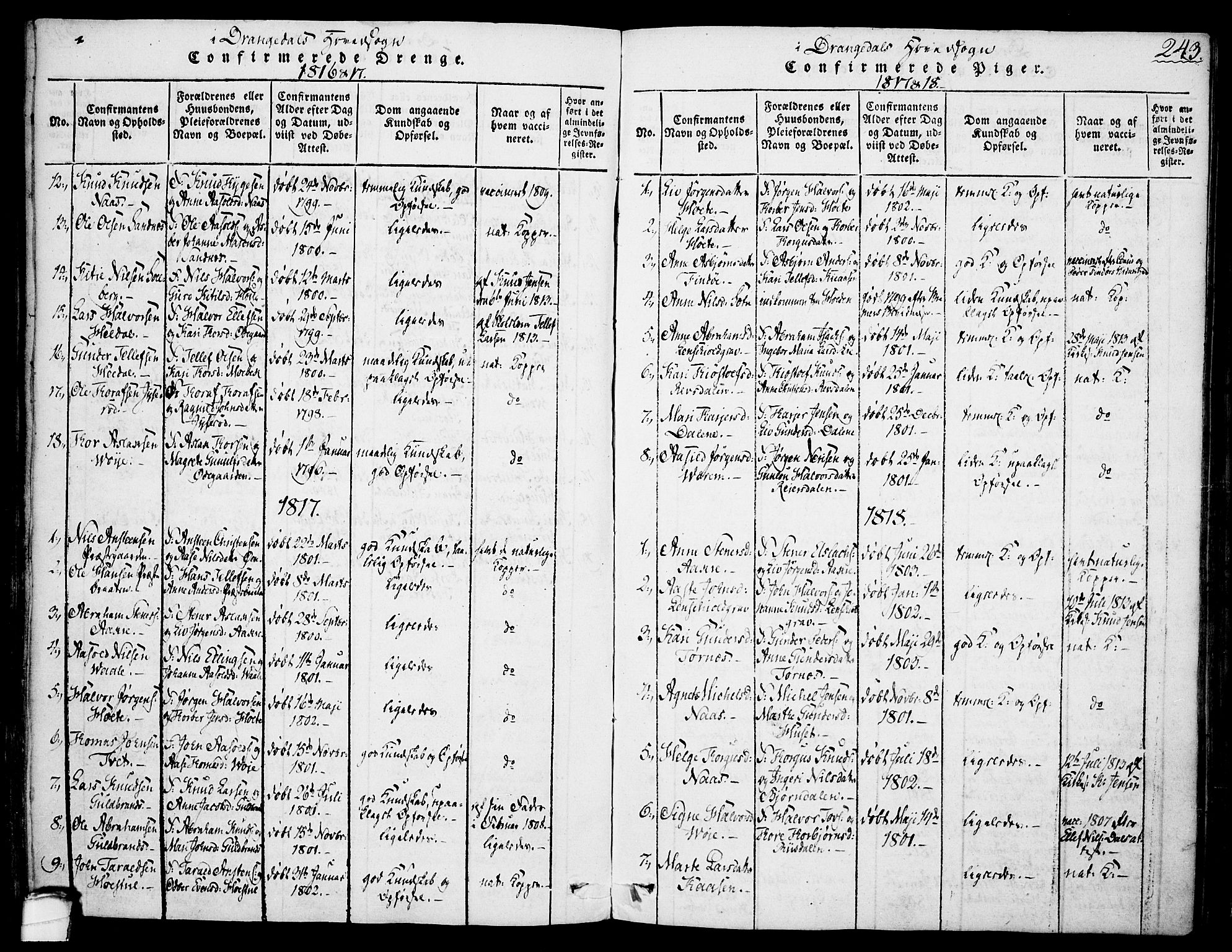 Drangedal kirkebøker, SAKO/A-258/F/Fa/L0005: Parish register (official) no. 5 /1, 1814-1831, p. 243