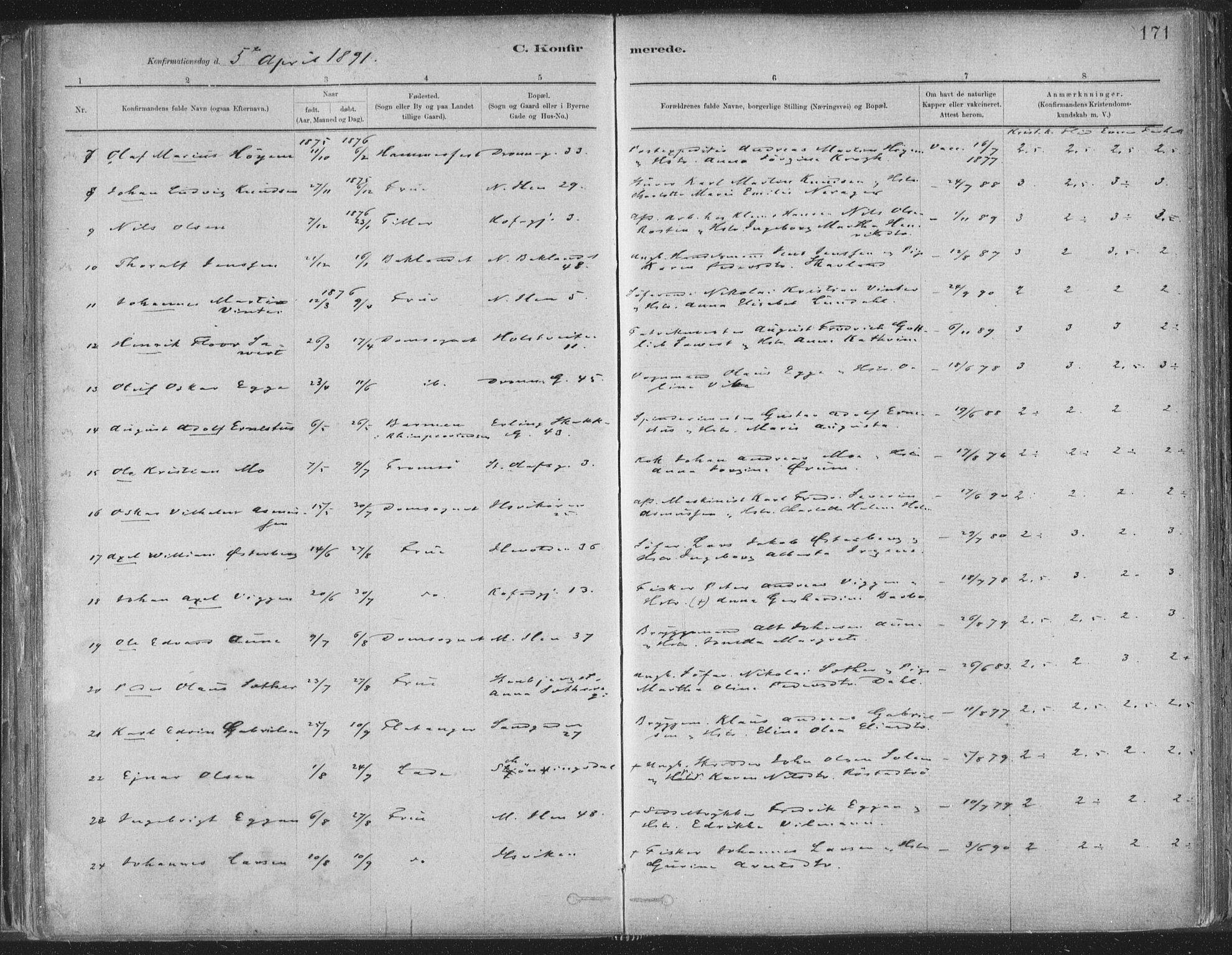 Ministerialprotokoller, klokkerbøker og fødselsregistre - Sør-Trøndelag, AV/SAT-A-1456/603/L0162: Parish register (official) no. 603A01, 1879-1895, p. 171