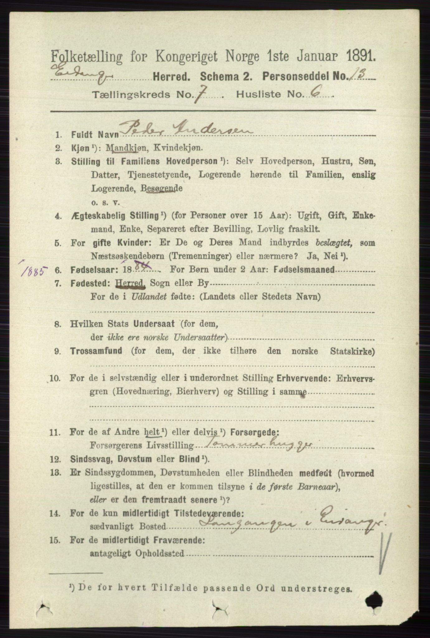 RA, 1891 census for 0813 Eidanger, 1891, p. 2783