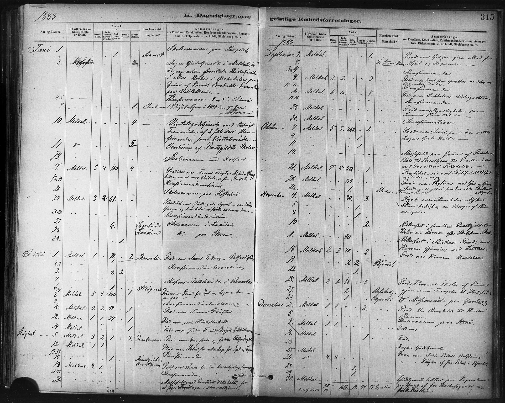 Ministerialprotokoller, klokkerbøker og fødselsregistre - Sør-Trøndelag, AV/SAT-A-1456/672/L0857: Parish register (official) no. 672A09, 1882-1893, p. 315