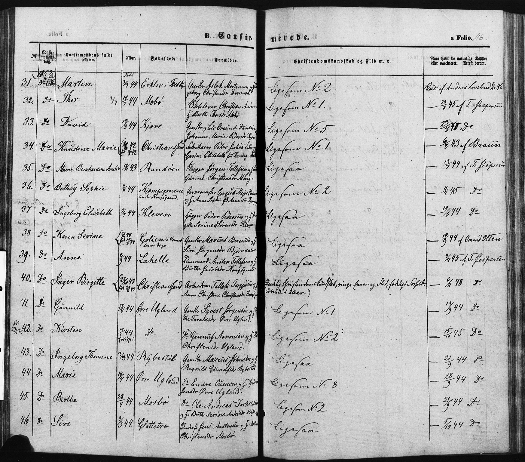 Oddernes sokneprestkontor, SAK/1111-0033/F/Fa/Faa/L0007: Parish register (official) no. A 7, 1851-1863, p. 116