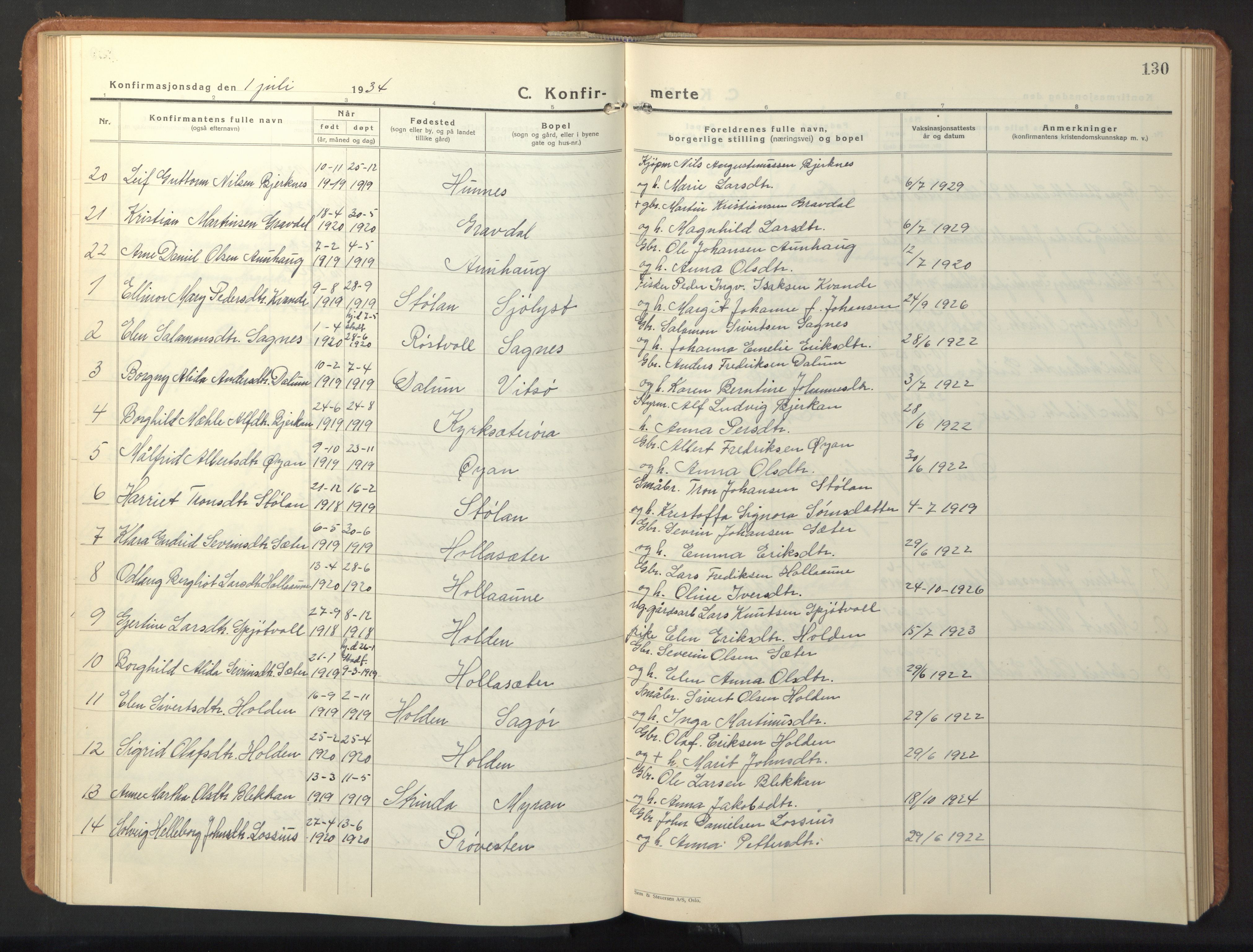 Ministerialprotokoller, klokkerbøker og fødselsregistre - Sør-Trøndelag, SAT/A-1456/630/L0508: Parish register (copy) no. 630C06, 1933-1950, p. 130
