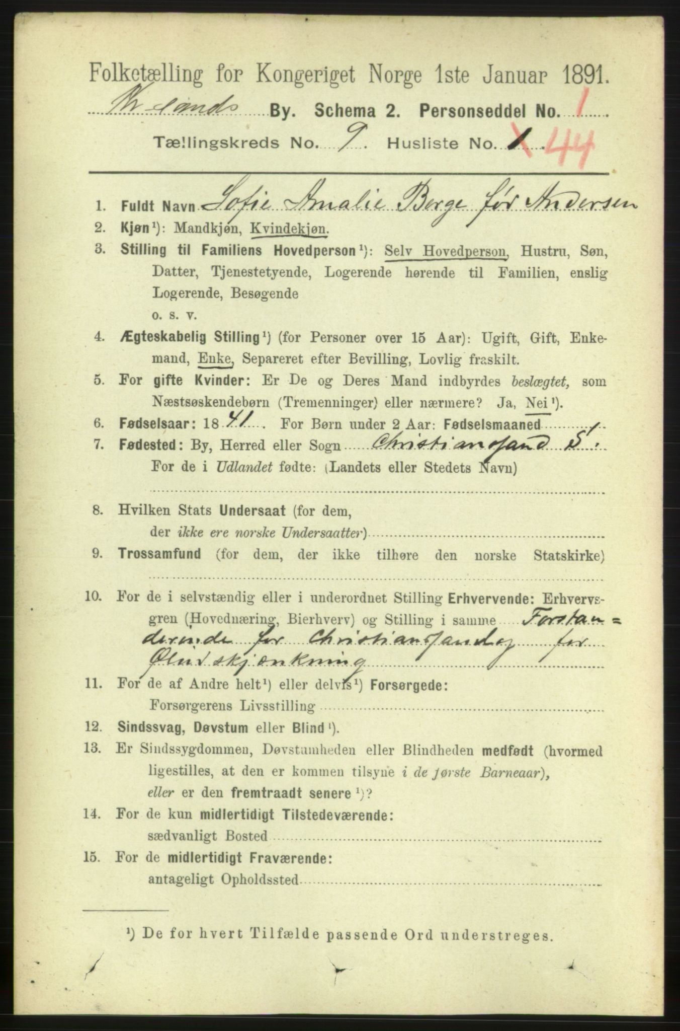 RA, 1891 census for 1001 Kristiansand, 1891, p. 5390