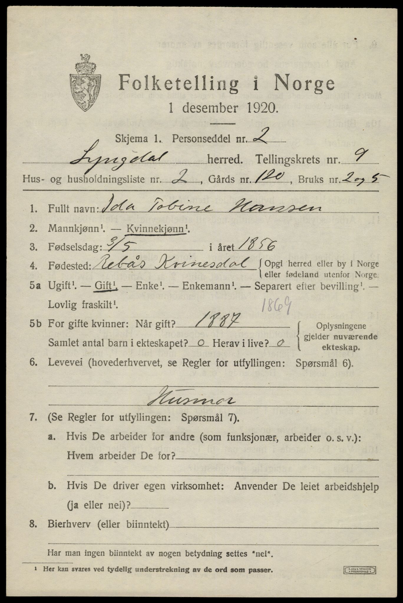 SAK, 1920 census for Lyngdal, 1920, p. 4633