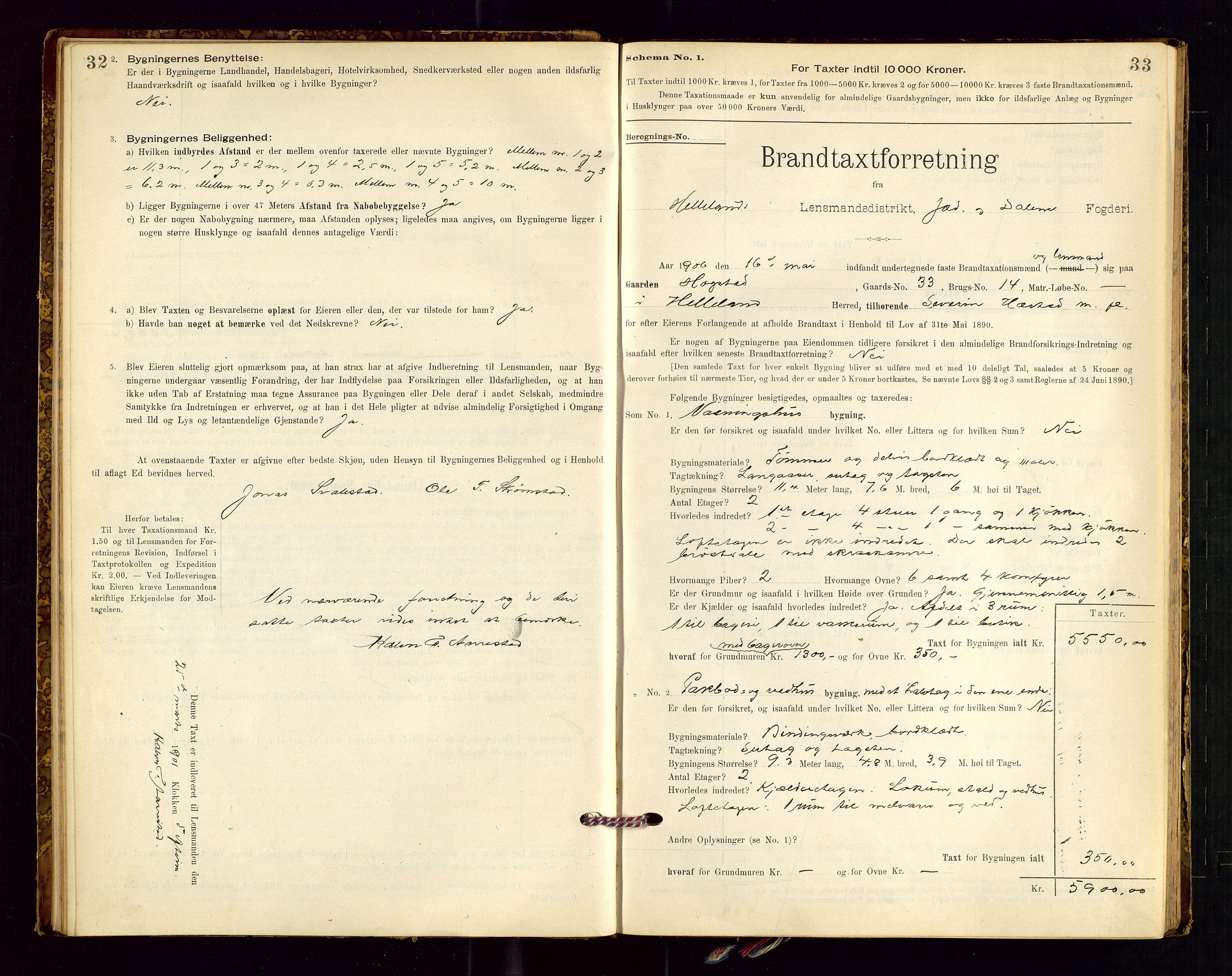 Helleland lensmannskontor, SAST/A-100209/Gob/L0001: "Brandtaxationsprotokol", 1896-1919, p. 32-33
