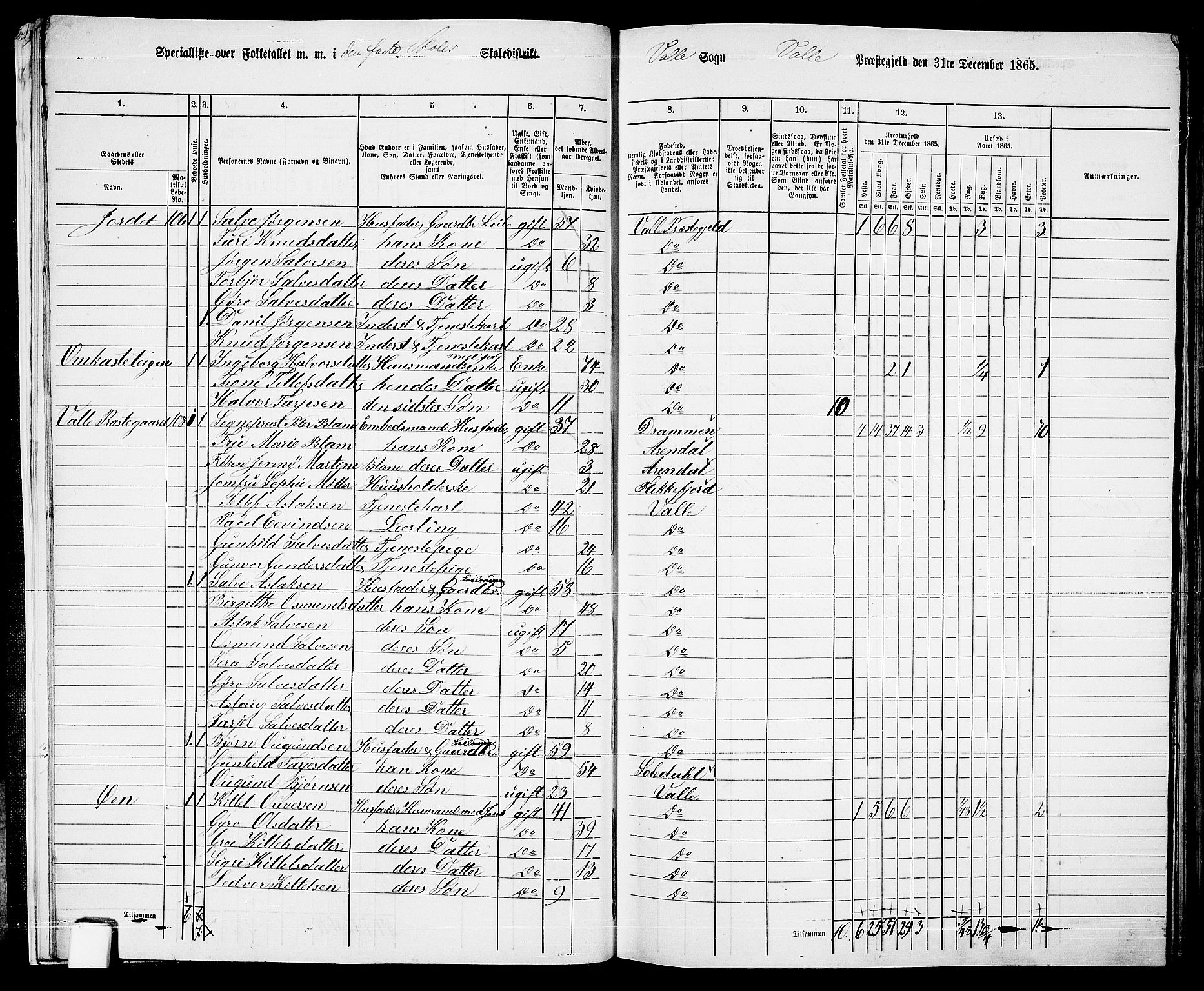 RA, 1865 census for Valle, 1865, p. 16