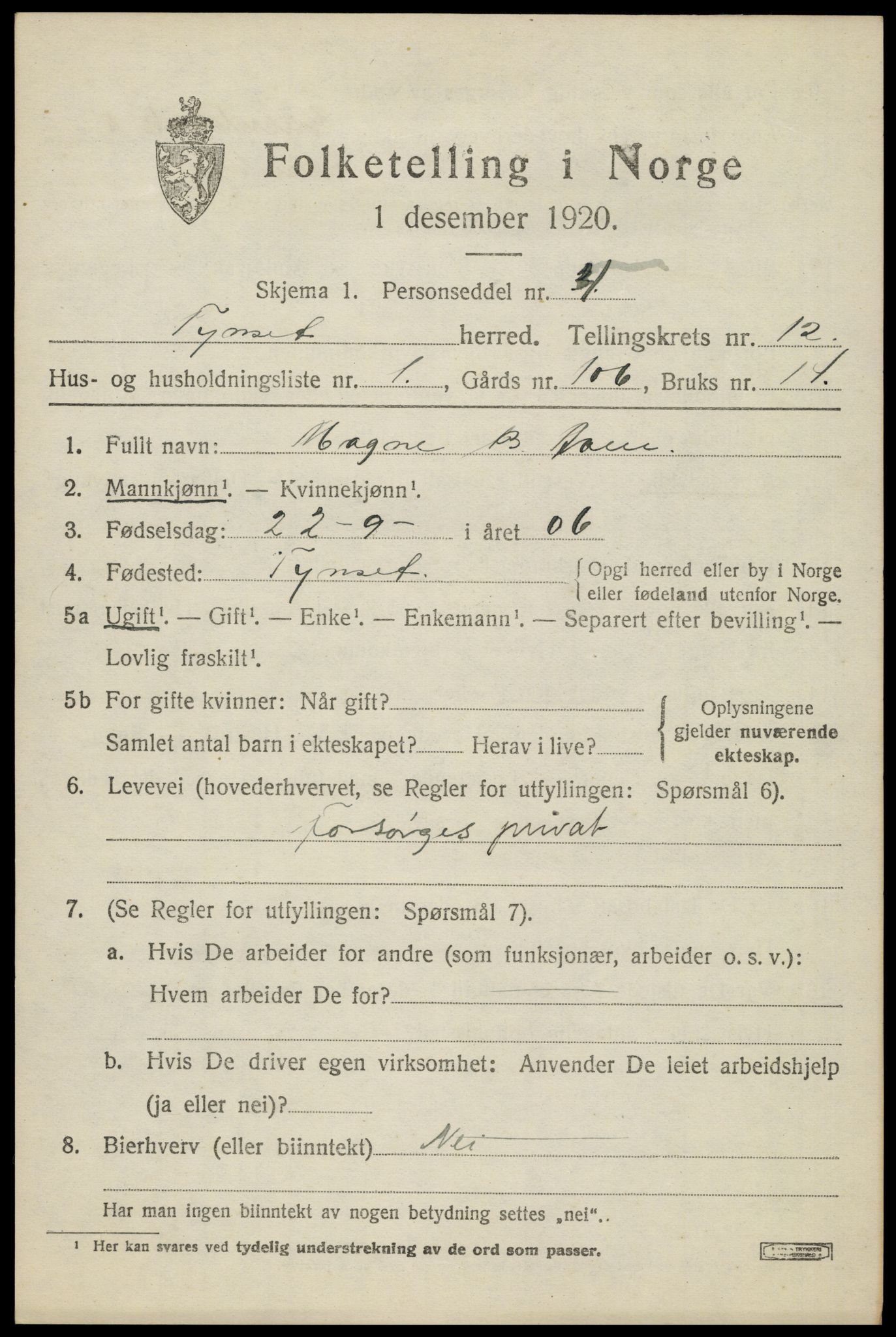 SAH, 1920 census for Tynset, 1920, p. 8310