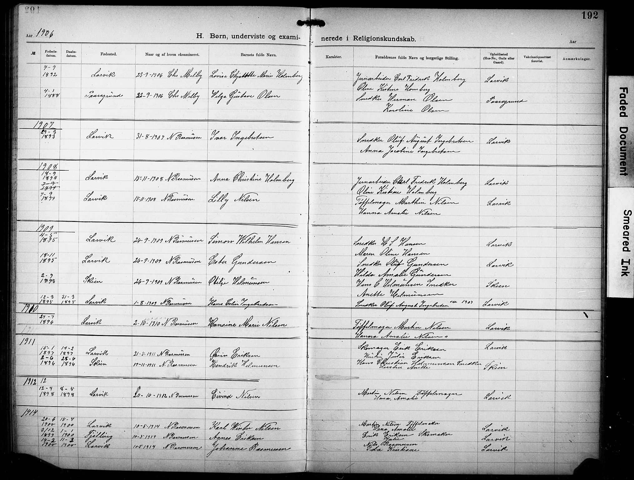 Den katolsk-apostoliske menighet i Larvik, SAKO/P-953/F/Fa/L0001: Dissenter register no. 1, 1892-1933, p. 192