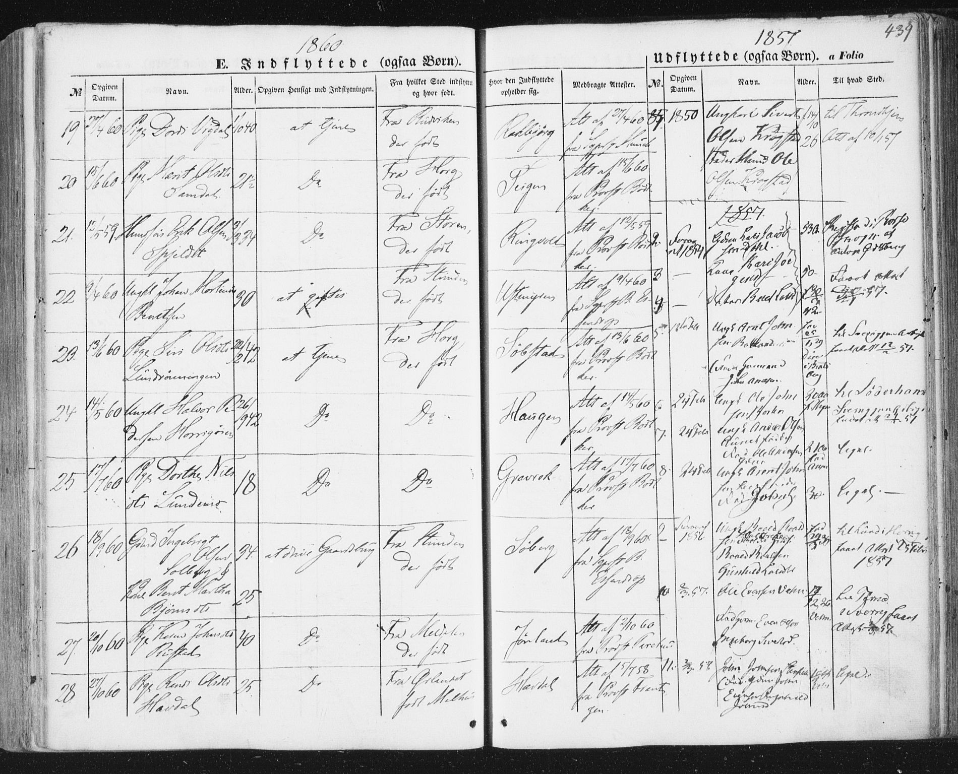 Ministerialprotokoller, klokkerbøker og fødselsregistre - Sør-Trøndelag, AV/SAT-A-1456/691/L1076: Parish register (official) no. 691A08, 1852-1861, p. 439