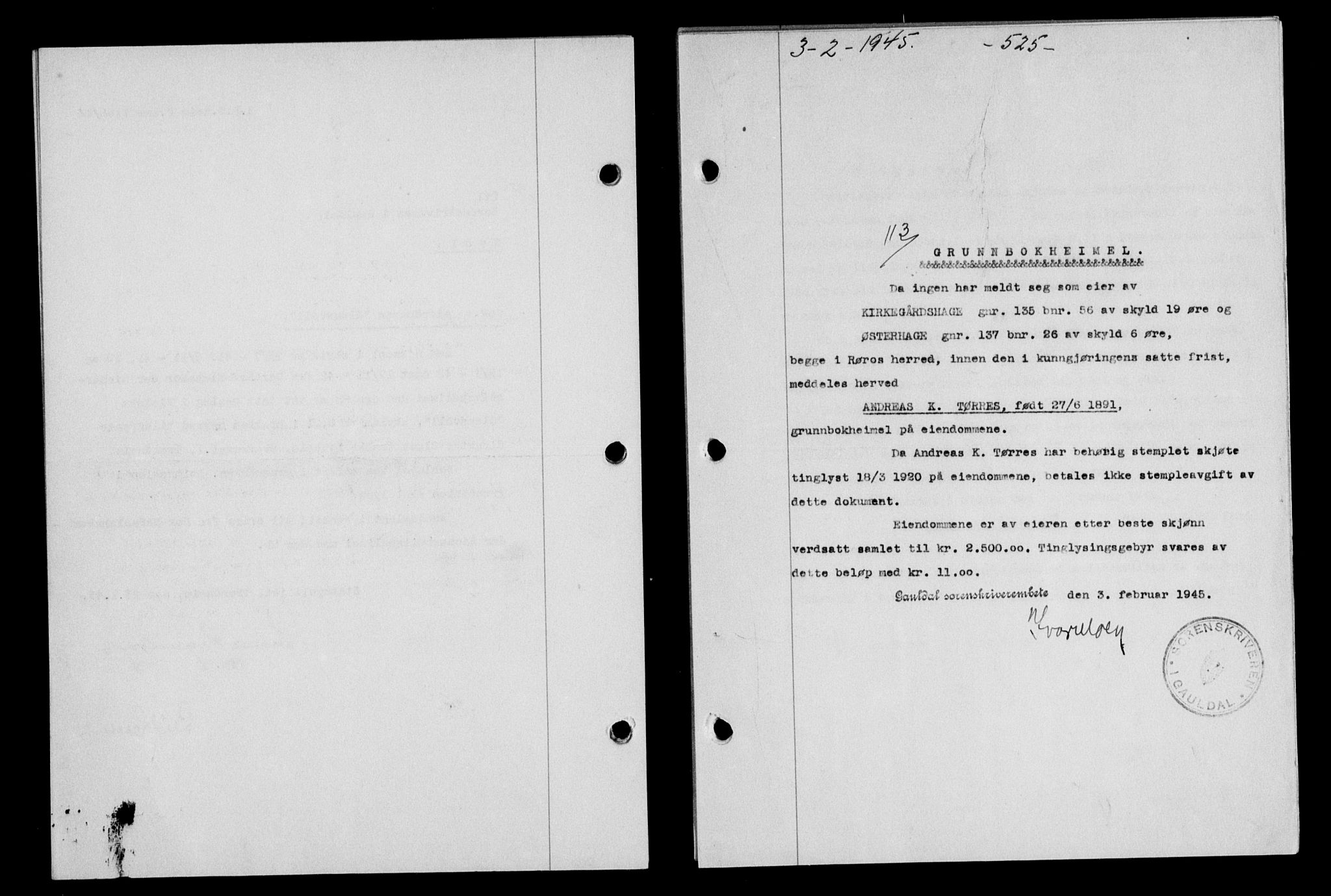 Gauldal sorenskriveri, SAT/A-0014/1/2/2C/L0058: Mortgage book no. 63, 1944-1945, Diary no: : 113/1945
