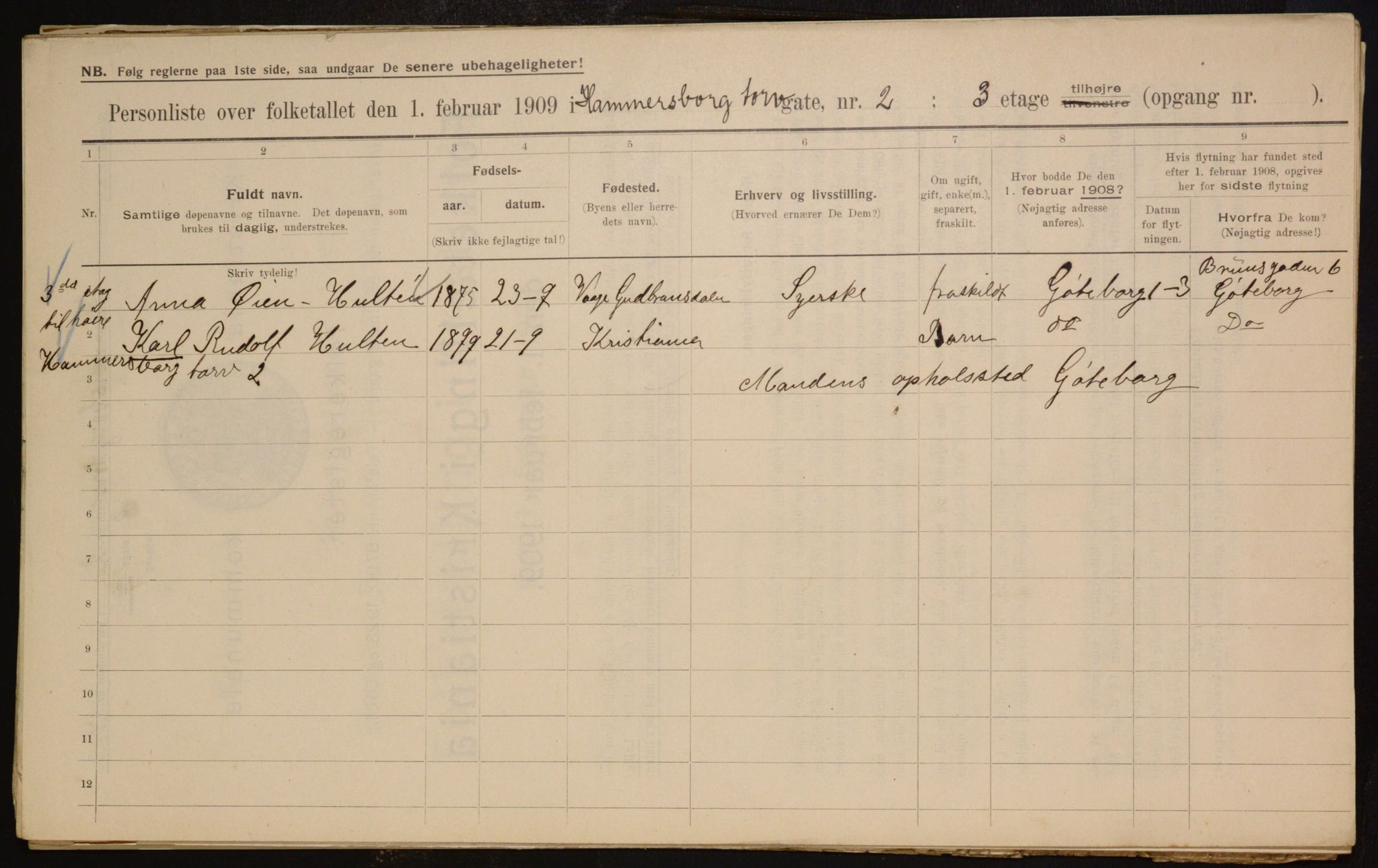 OBA, Municipal Census 1909 for Kristiania, 1909, p. 31162