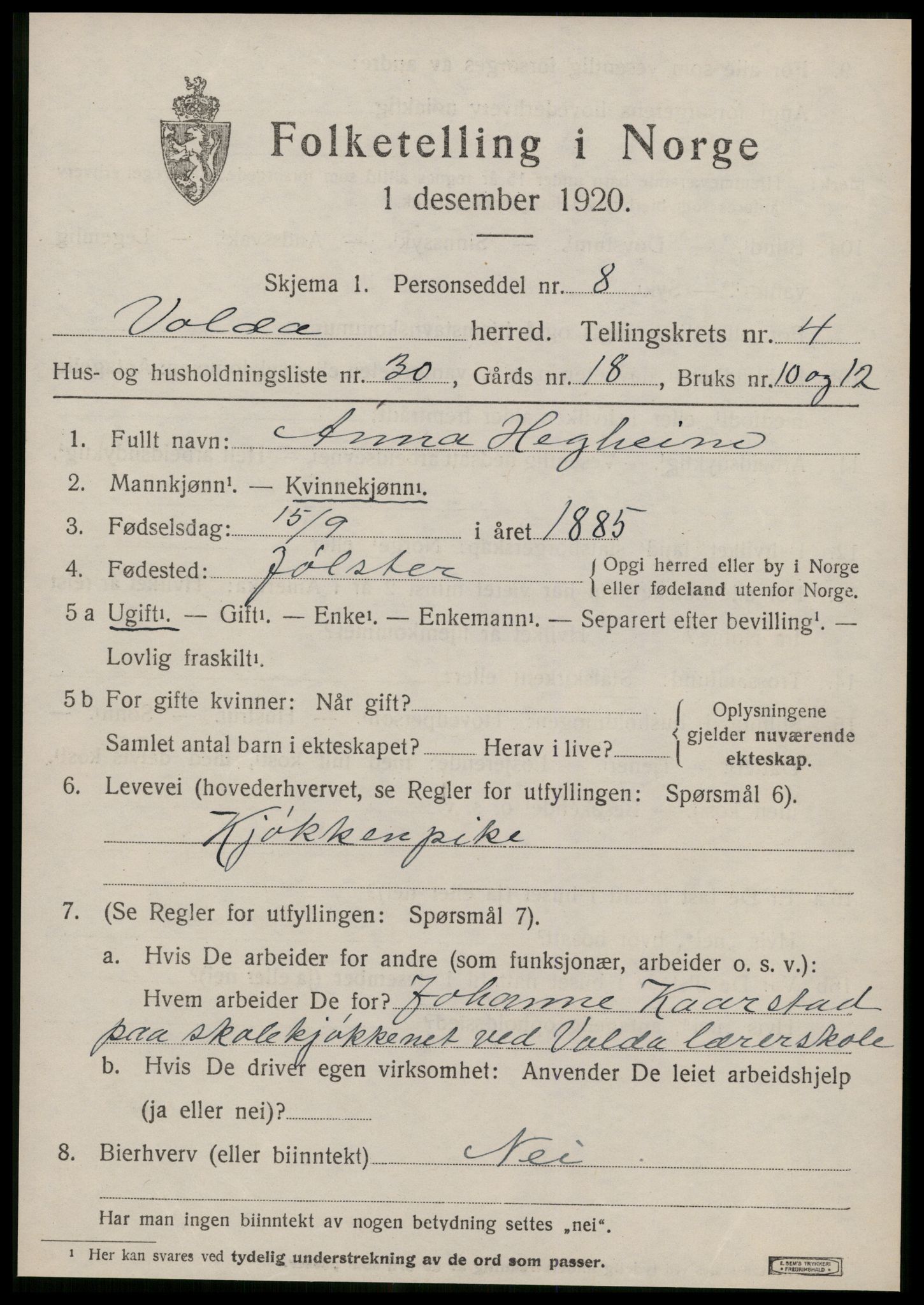 SAT, 1920 census for Volda, 1920, p. 3472