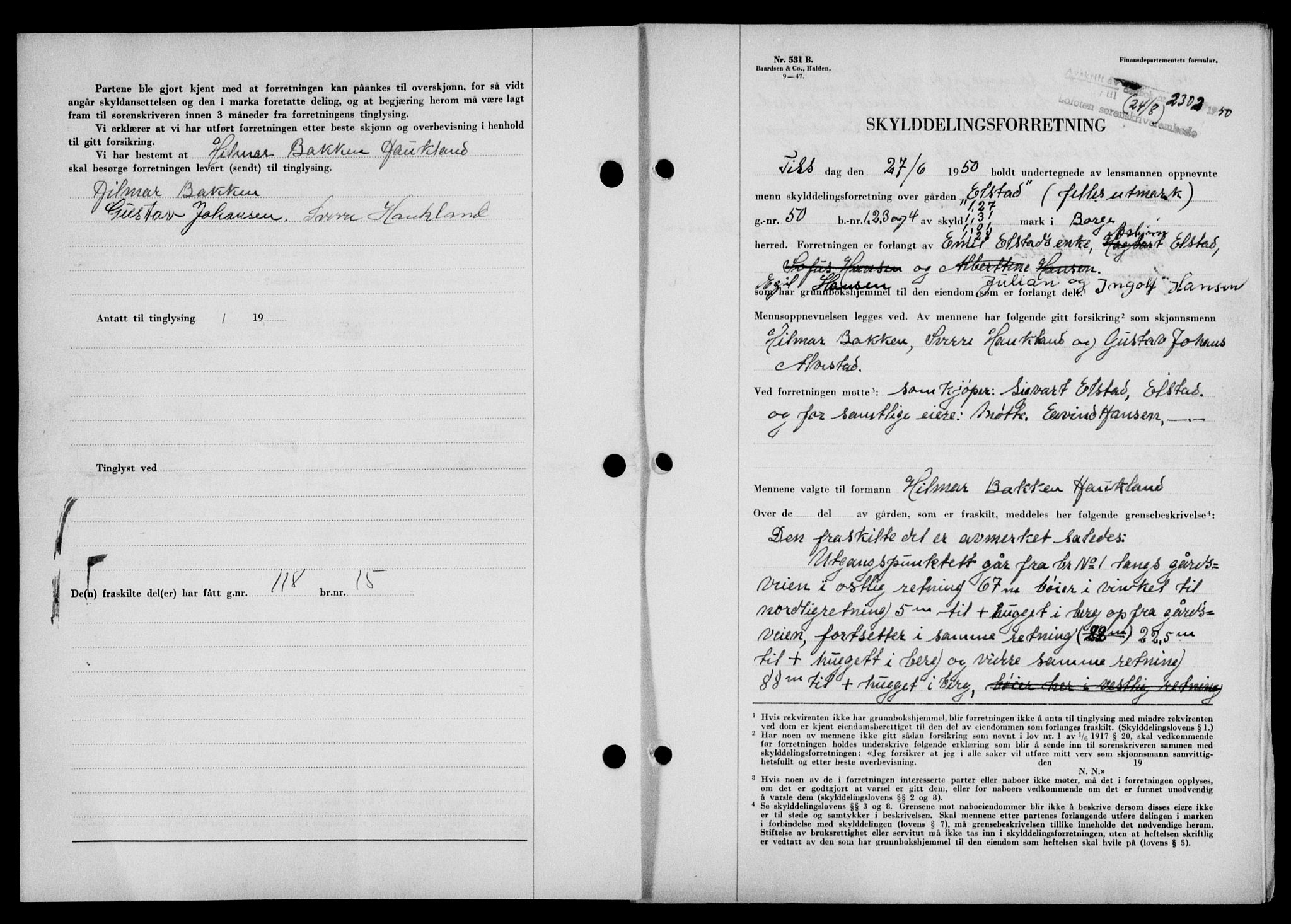 Lofoten sorenskriveri, SAT/A-0017/1/2/2C/L0024a: Mortgage book no. 24a, 1950-1950, Diary no: : 2302/1950