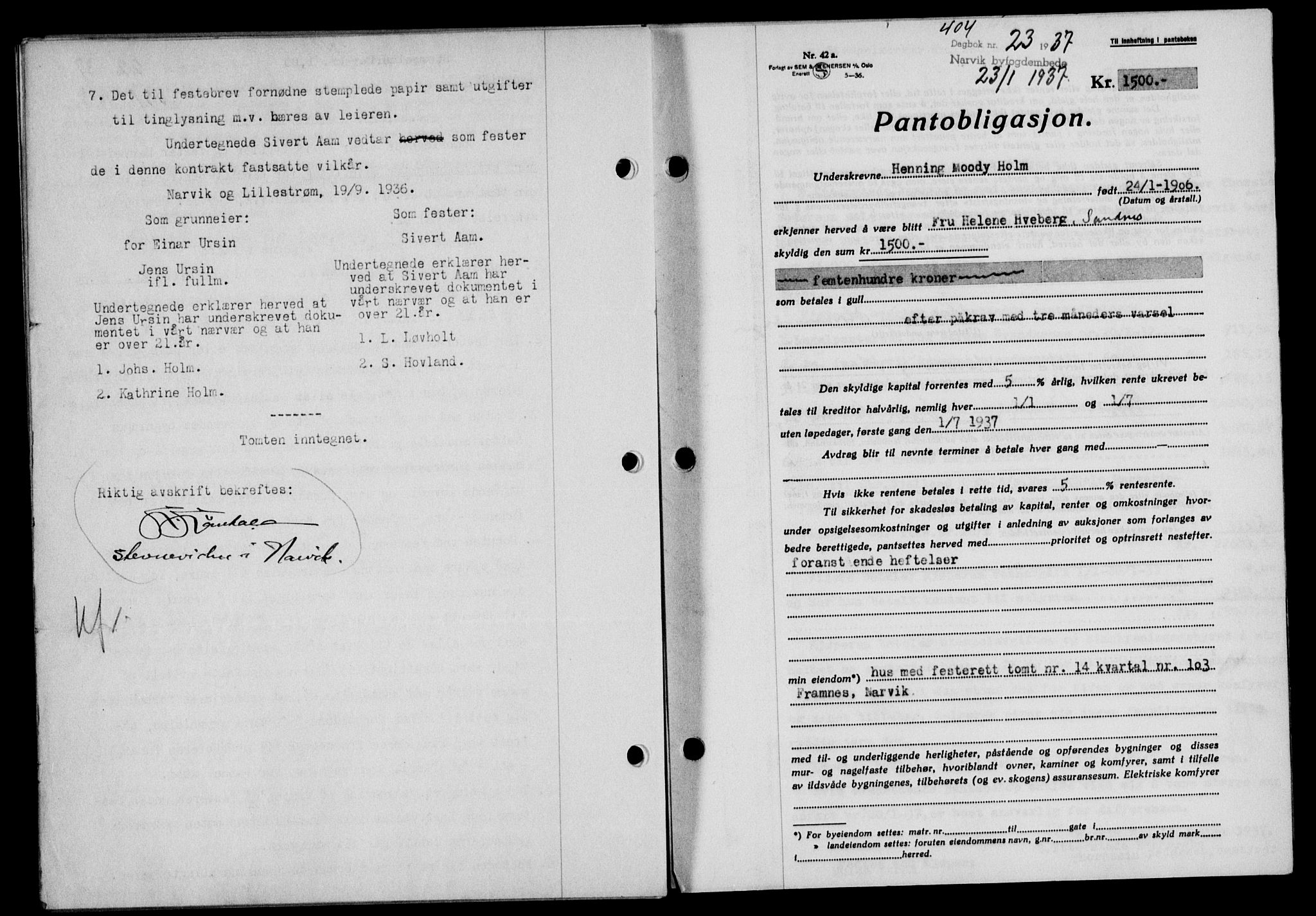 Narvik sorenskriveri, SAT/A-0002/1/2/2C/2Ca/L0011: Mortgage book no. 14, 1935-1937, Deed date: 23.01.1937