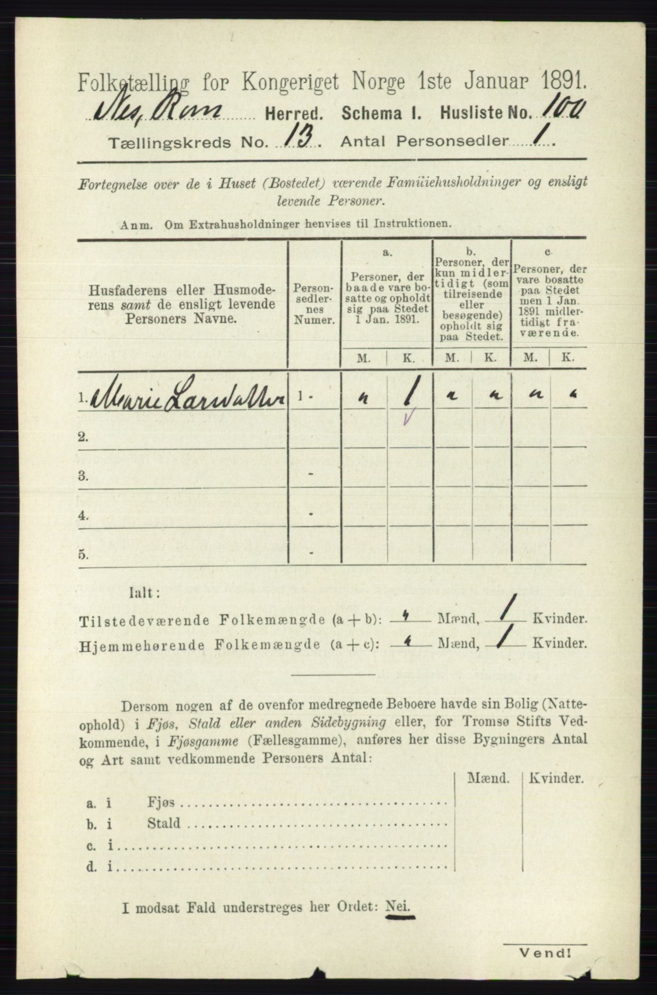 RA, 1891 census for 0236 Nes, 1891, p. 7834