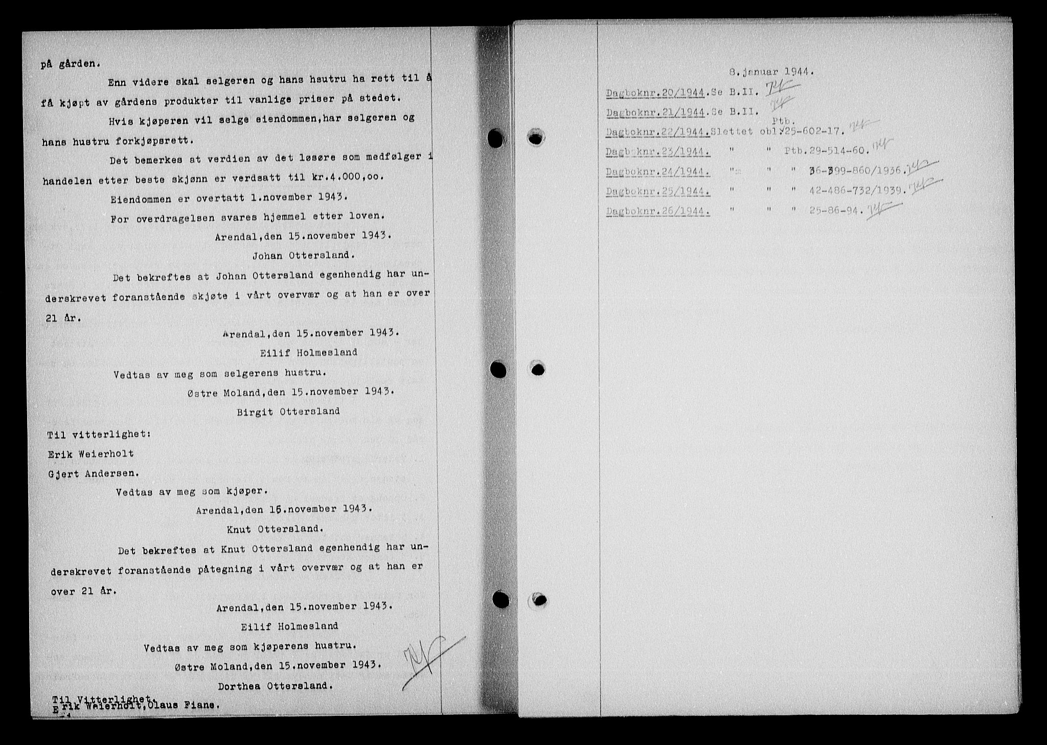 Nedenes sorenskriveri, SAK/1221-0006/G/Gb/Gba/L0051: Mortgage book no. A-V, 1943-1944, Diary no: : 20/1944