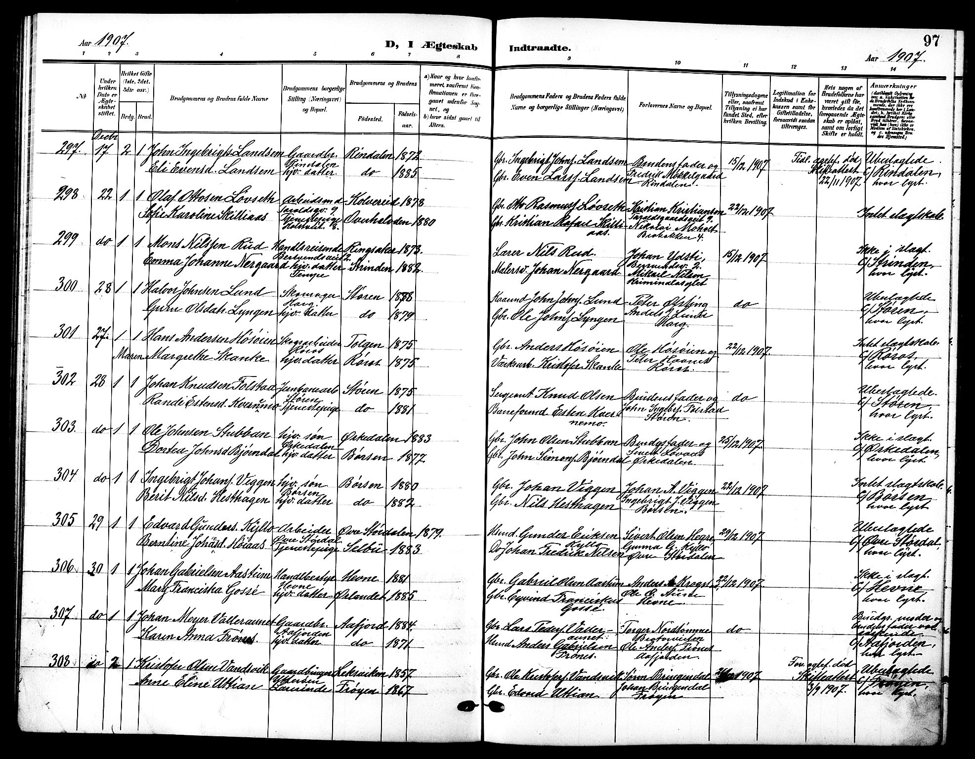 Ministerialprotokoller, klokkerbøker og fødselsregistre - Sør-Trøndelag, SAT/A-1456/601/L0095: Parish register (copy) no. 601C13, 1902-1911, p. 97