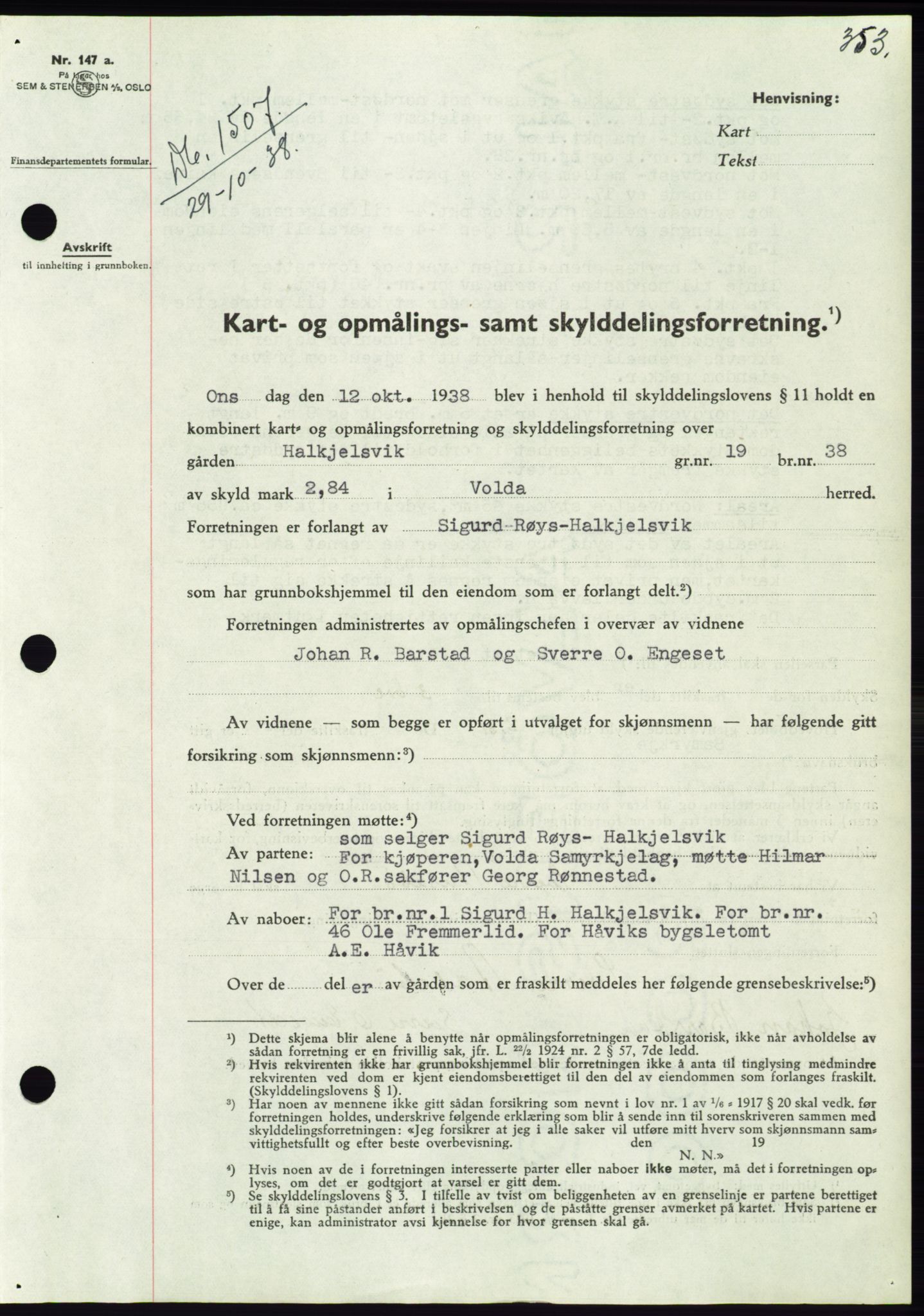 Søre Sunnmøre sorenskriveri, AV/SAT-A-4122/1/2/2C/L0066: Mortgage book no. 60, 1938-1938, Diary no: : 1507/1938