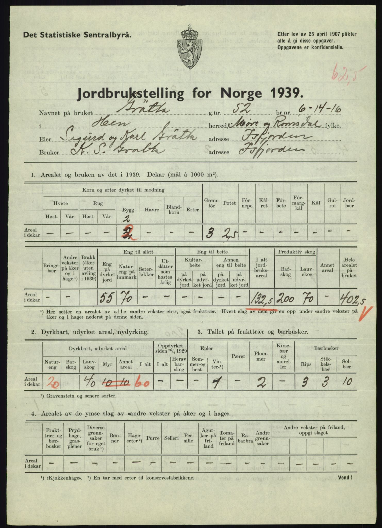 Statistisk sentralbyrå, Næringsøkonomiske emner, Jordbruk, skogbruk, jakt, fiske og fangst, AV/RA-S-2234/G/Gb/L0251: Møre og Romsdal: Voll, Eid, Grytten og Hen, 1939, p. 1419