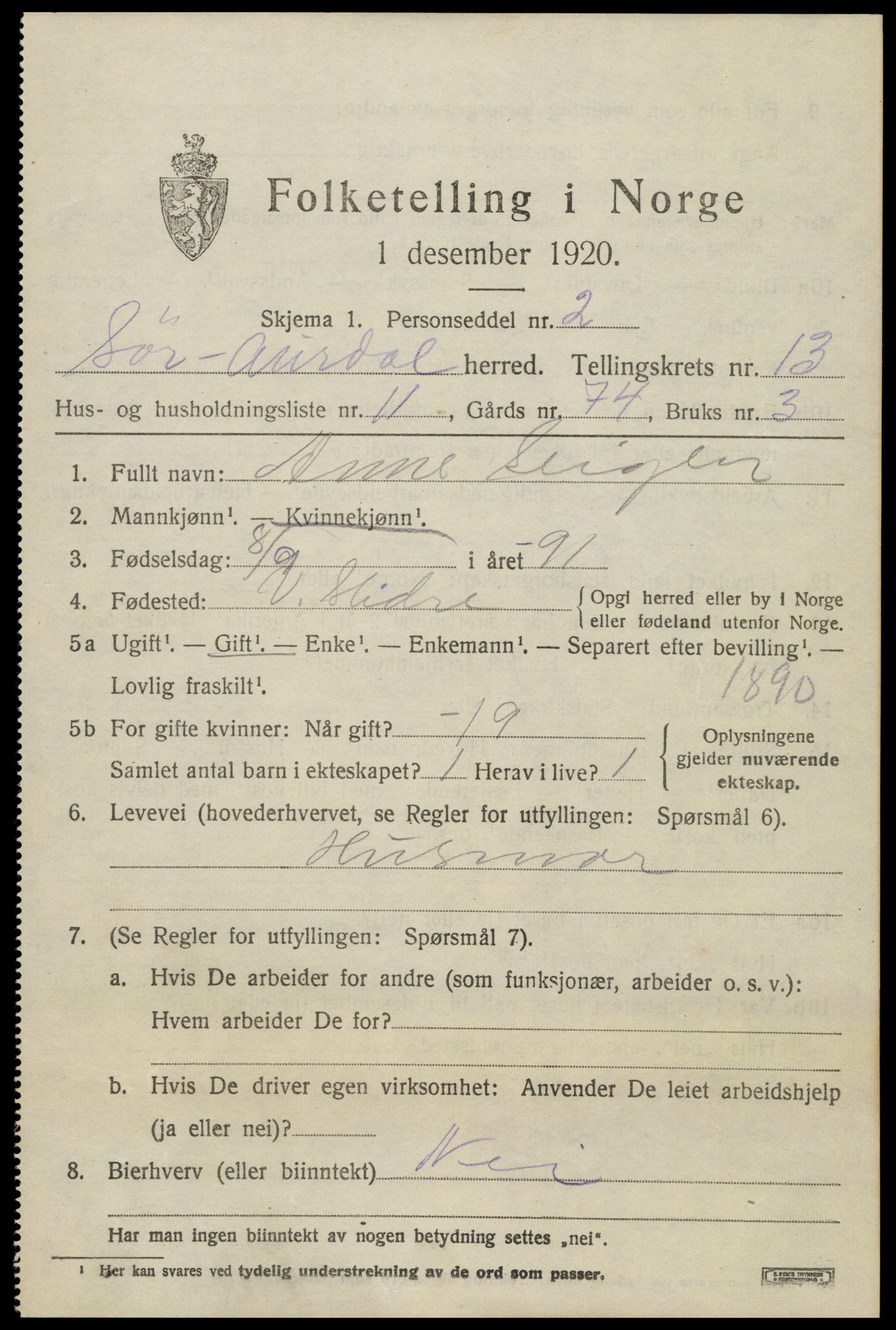 SAH, 1920 census for Sør-Aurdal, 1920, p. 7805