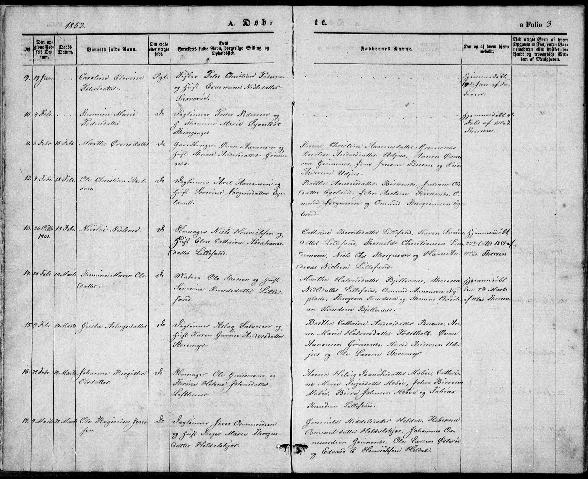 Vestre Moland sokneprestkontor, SAK/1111-0046/F/Fb/Fbb/L0003: Parish register (copy) no. B 3, 1851-1861, p. 3