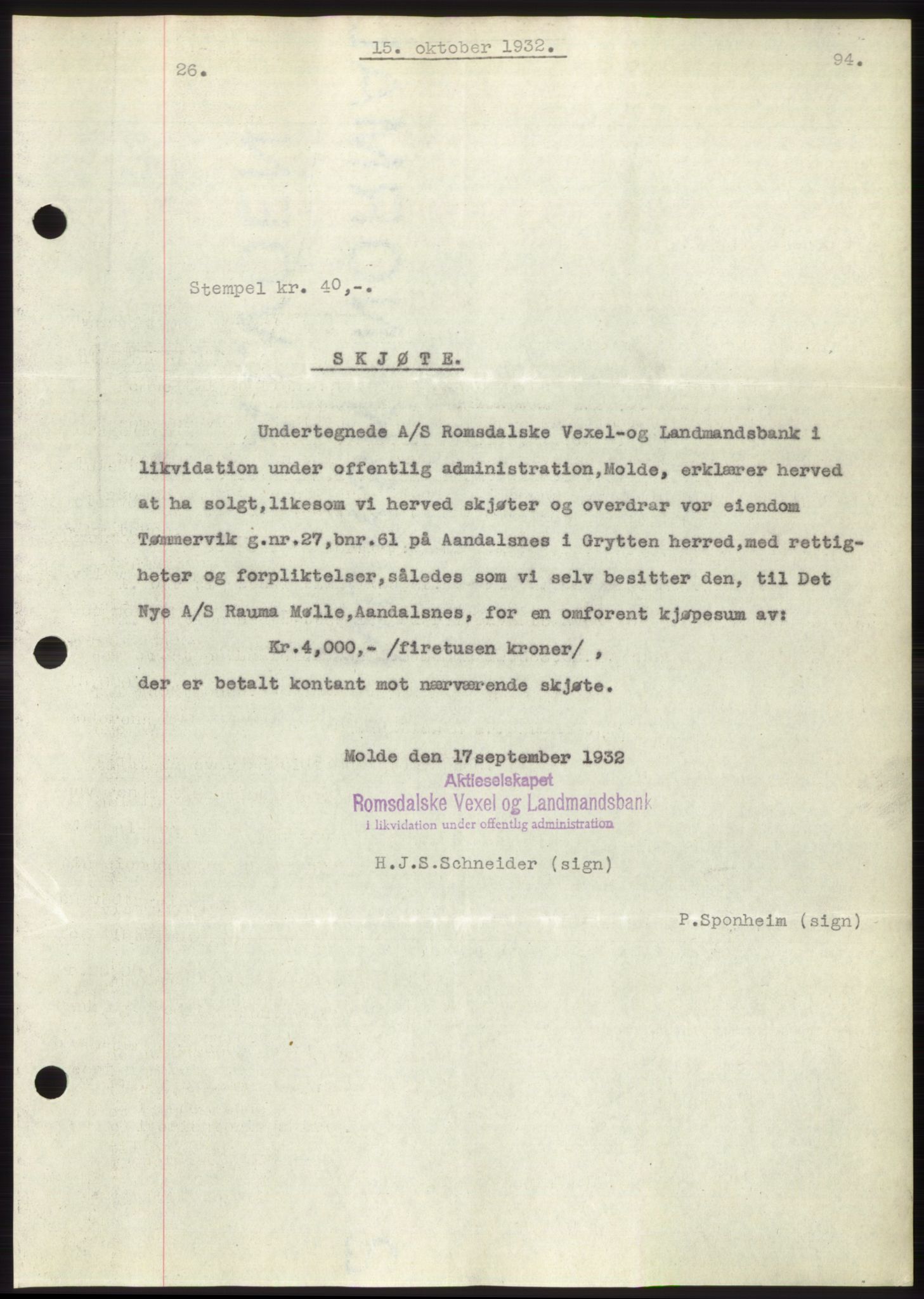 Romsdal sorenskriveri, AV/SAT-A-4149/1/2/2C/L0062: Mortgage book no. 56, 1932-1933, Deed date: 15.10.1932