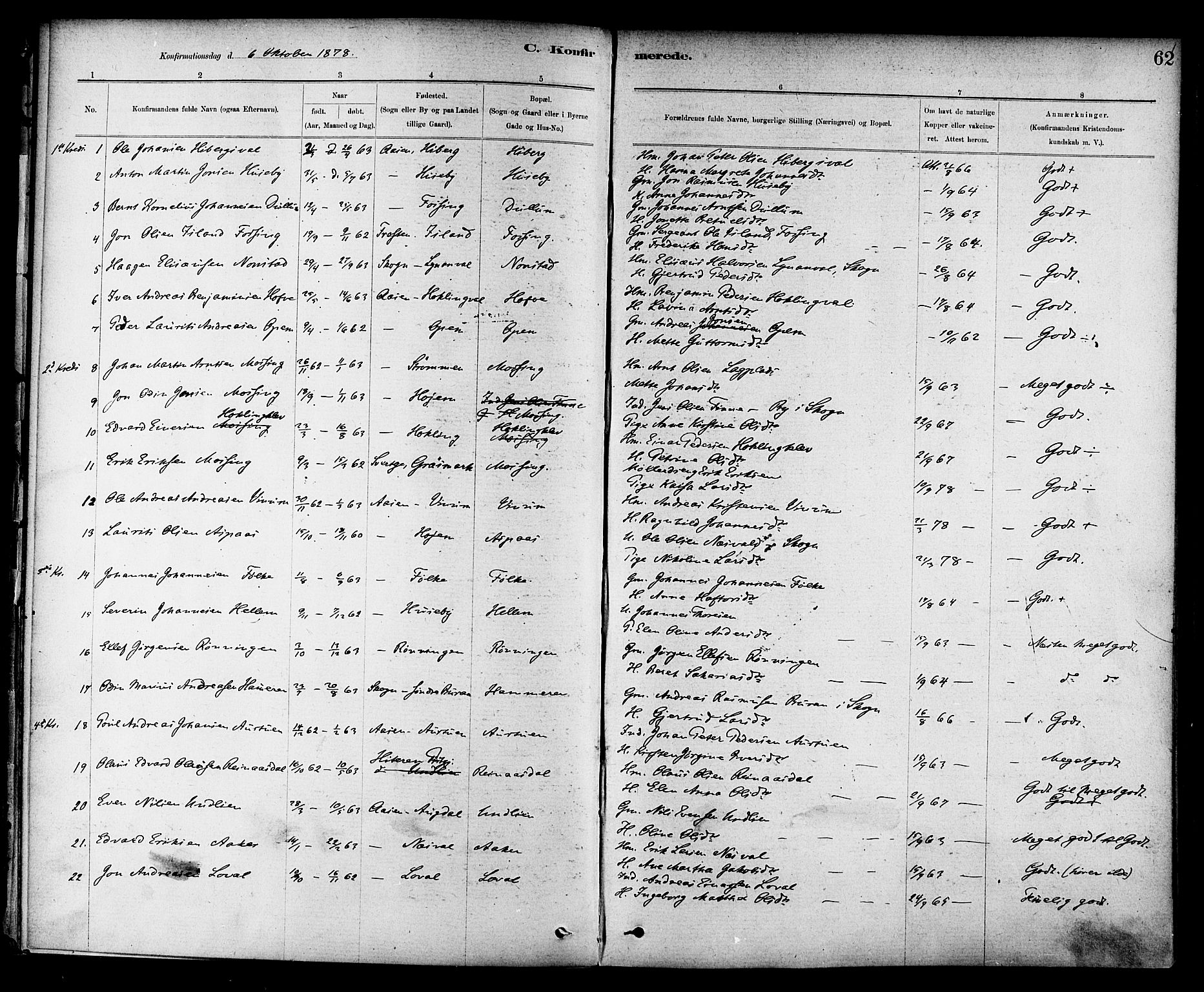 Ministerialprotokoller, klokkerbøker og fødselsregistre - Nord-Trøndelag, SAT/A-1458/714/L0130: Parish register (official) no. 714A01, 1878-1895, p. 62