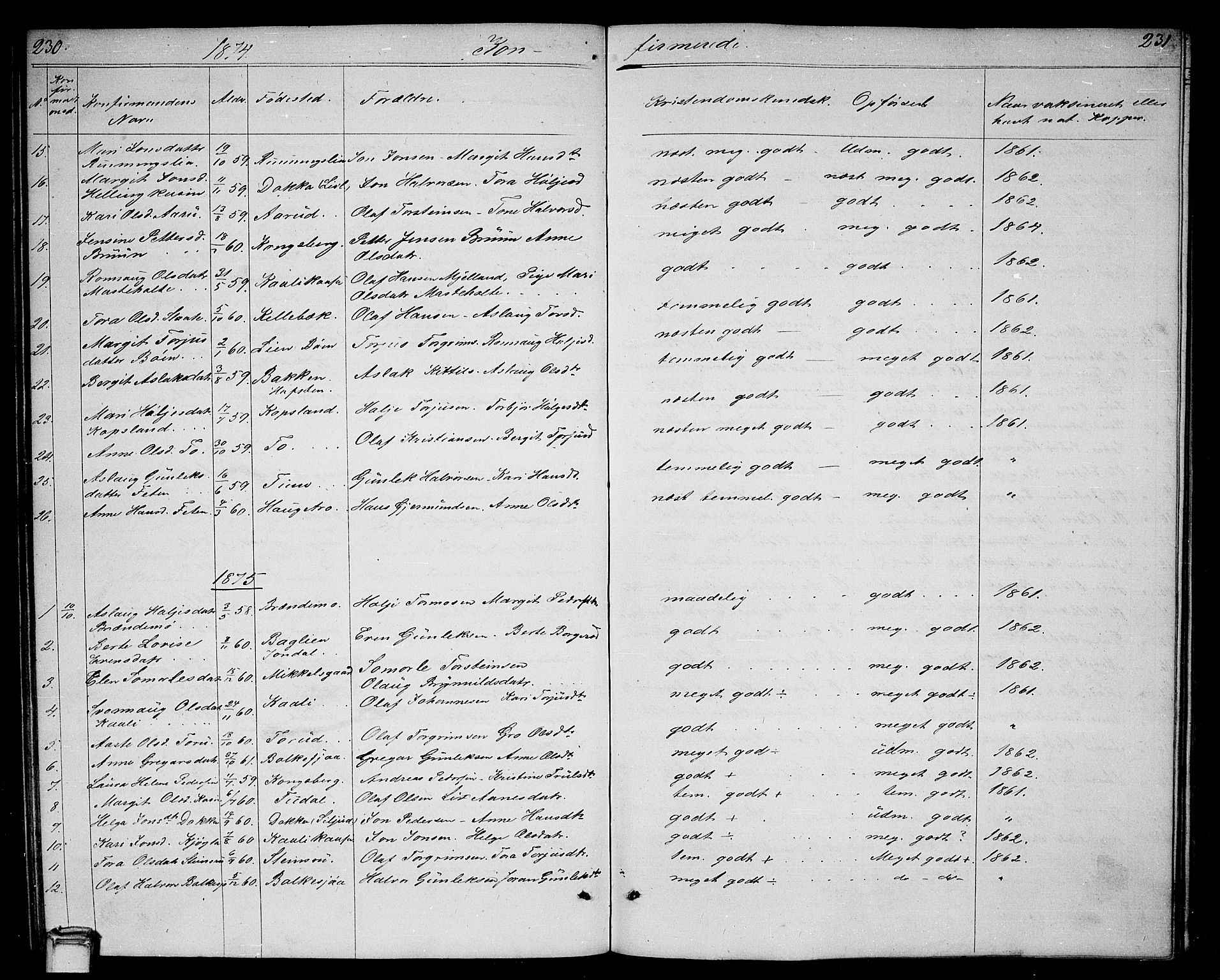 Gransherad kirkebøker, SAKO/A-267/G/Ga/L0002: Parish register (copy) no. I 2, 1854-1886, p. 230-231