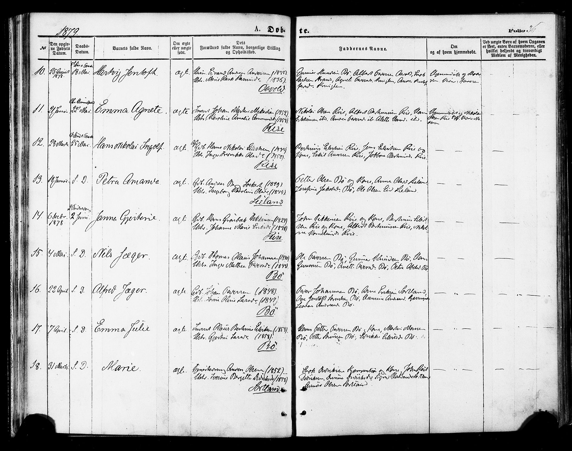 Ministerialprotokoller, klokkerbøker og fødselsregistre - Nordland, AV/SAT-A-1459/895/L1370: Parish register (official) no. 895A05, 1873-1884, p. 36