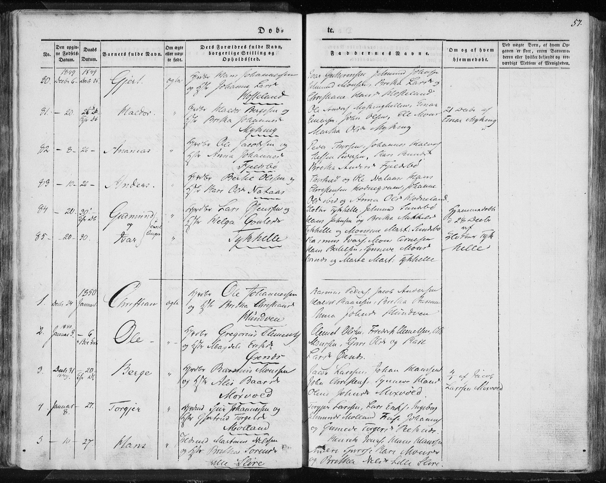 Lindås Sokneprestembete, AV/SAB-A-76701/H/Haa/Haaa/L0010: Parish register (official) no. A 10, 1842-1862, p. 57