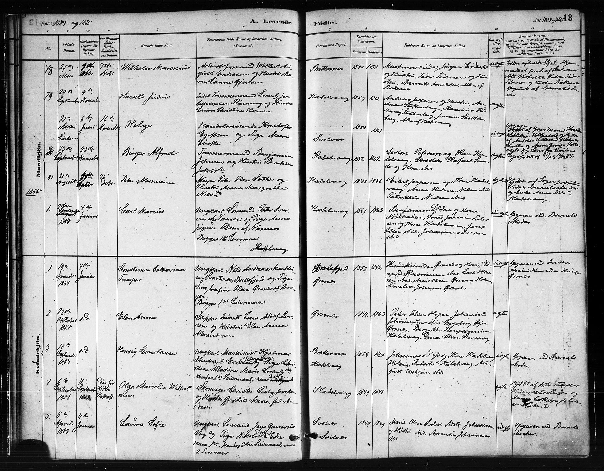 Ministerialprotokoller, klokkerbøker og fødselsregistre - Nordland, AV/SAT-A-1459/874/L1059: Parish register (official) no. 874A03, 1884-1890, p. 13