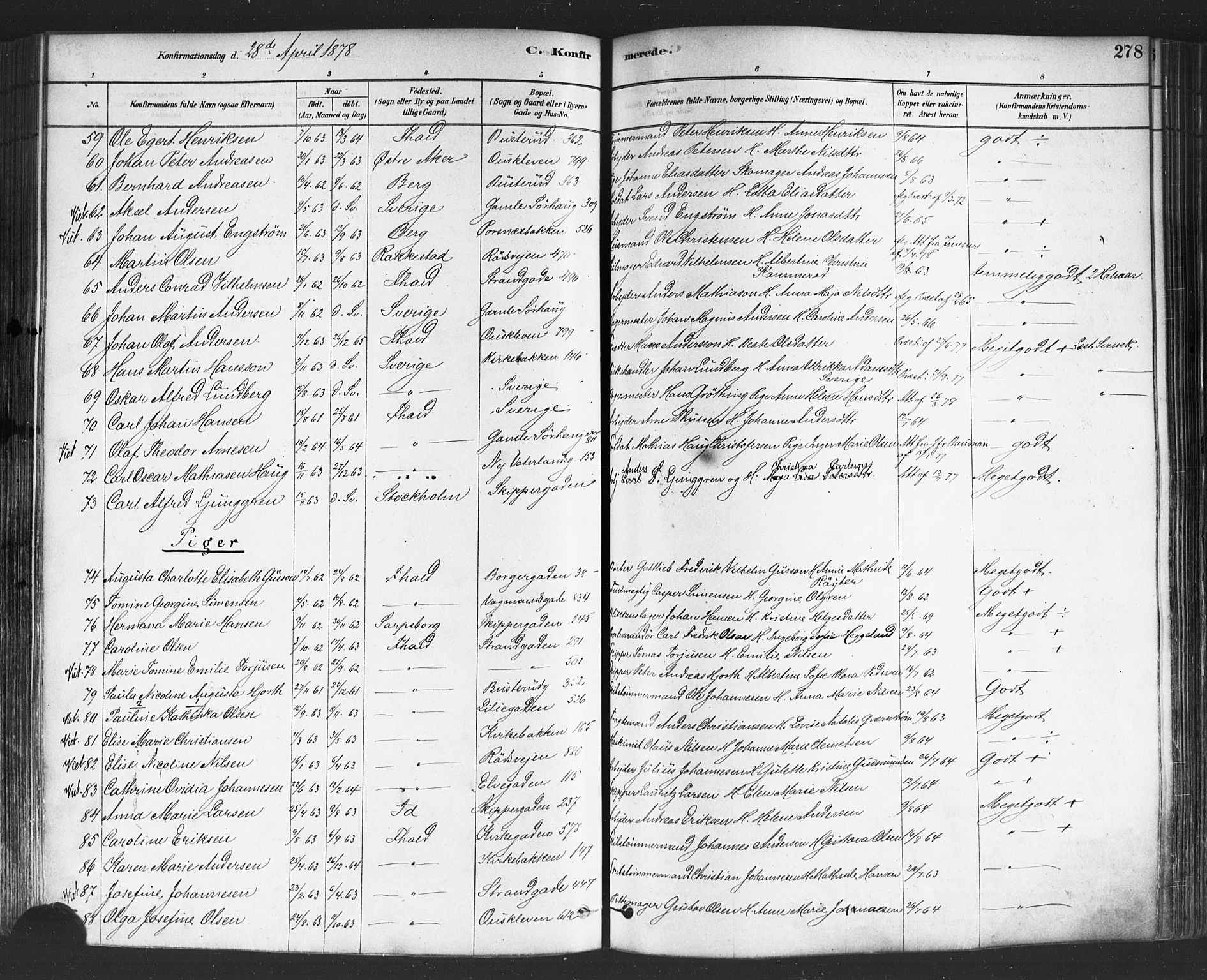 Halden prestekontor Kirkebøker, AV/SAO-A-10909/F/Fa/L0011: Parish register (official) no. I 11, 1878-1889, p. 278