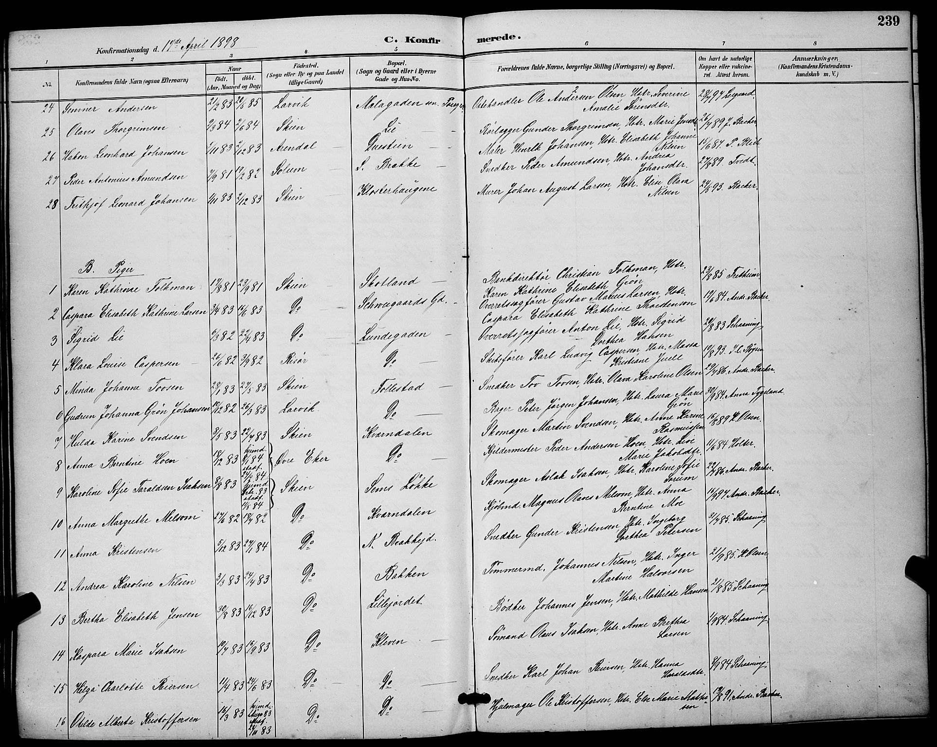 Skien kirkebøker, SAKO/A-302/G/Ga/L0007: Parish register (copy) no. 7, 1891-1900, p. 239