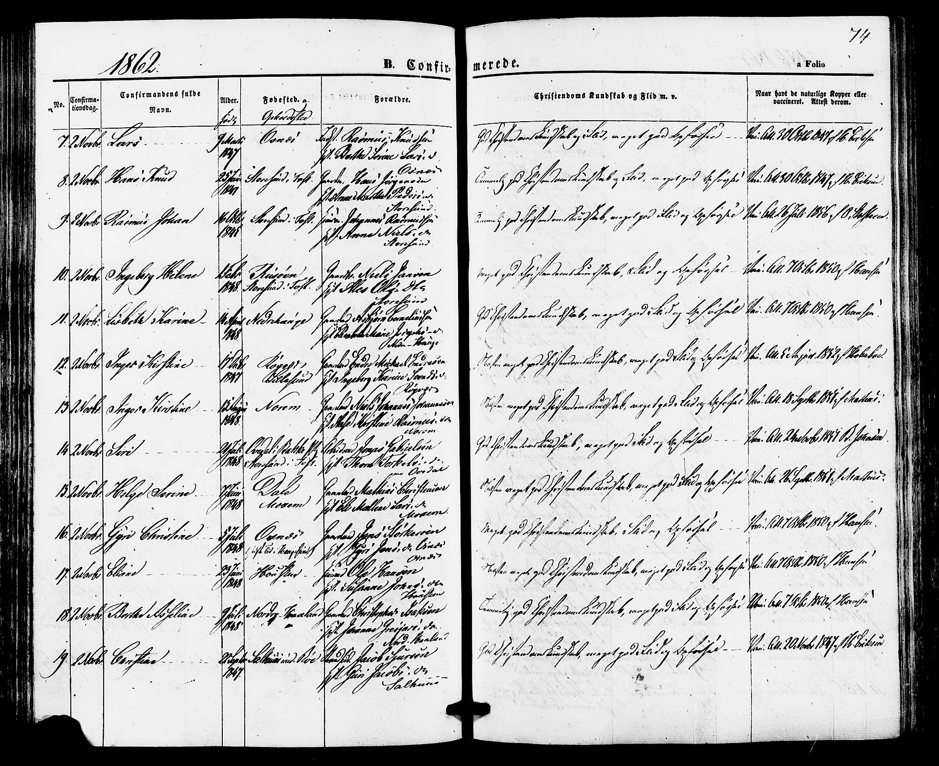 Torvastad sokneprestkontor, AV/SAST-A -101857/H/Ha/Haa/L0010: Parish register (official) no. A 10, 1857-1878, p. 74