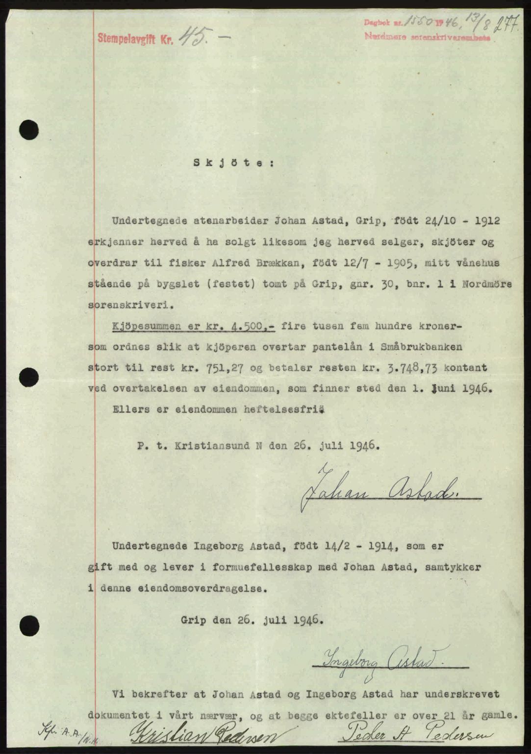 Nordmøre sorenskriveri, AV/SAT-A-4132/1/2/2Ca: Mortgage book no. A102, 1946-1946, Diary no: : 1550/1946