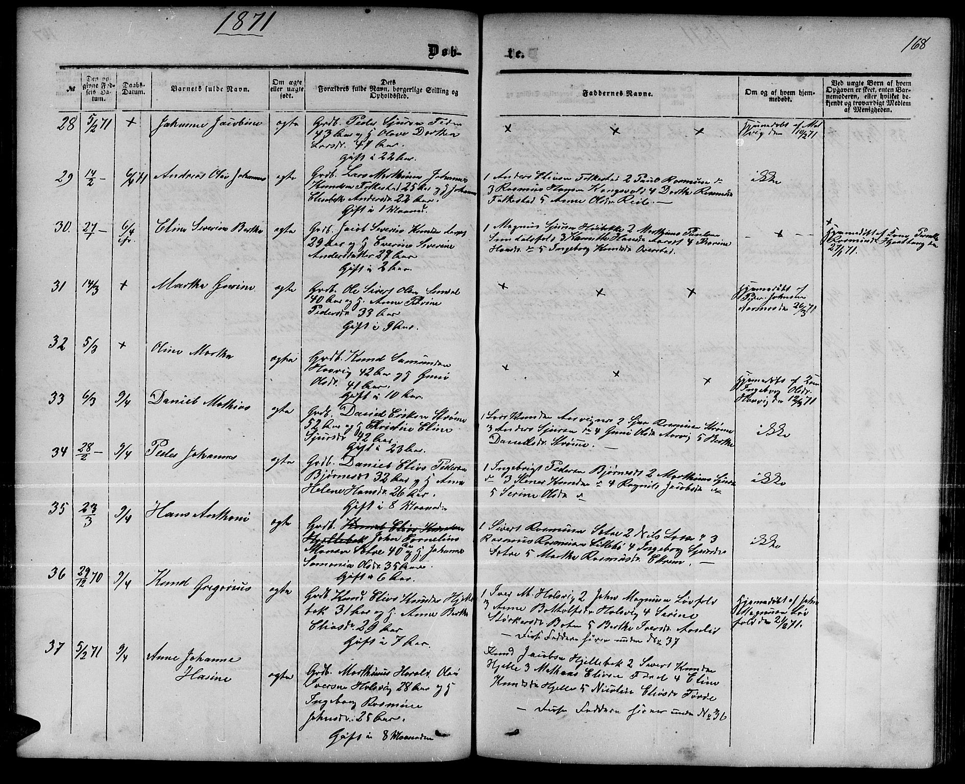Ministerialprotokoller, klokkerbøker og fødselsregistre - Møre og Romsdal, AV/SAT-A-1454/511/L0157: Parish register (copy) no. 511C03, 1864-1884, p. 168