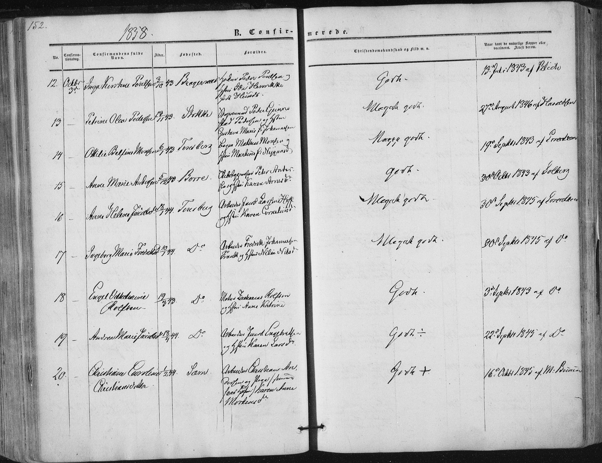 Tønsberg kirkebøker, AV/SAKO-A-330/F/Fa/L0008: Parish register (official) no. I 8, 1855-1864, p. 152