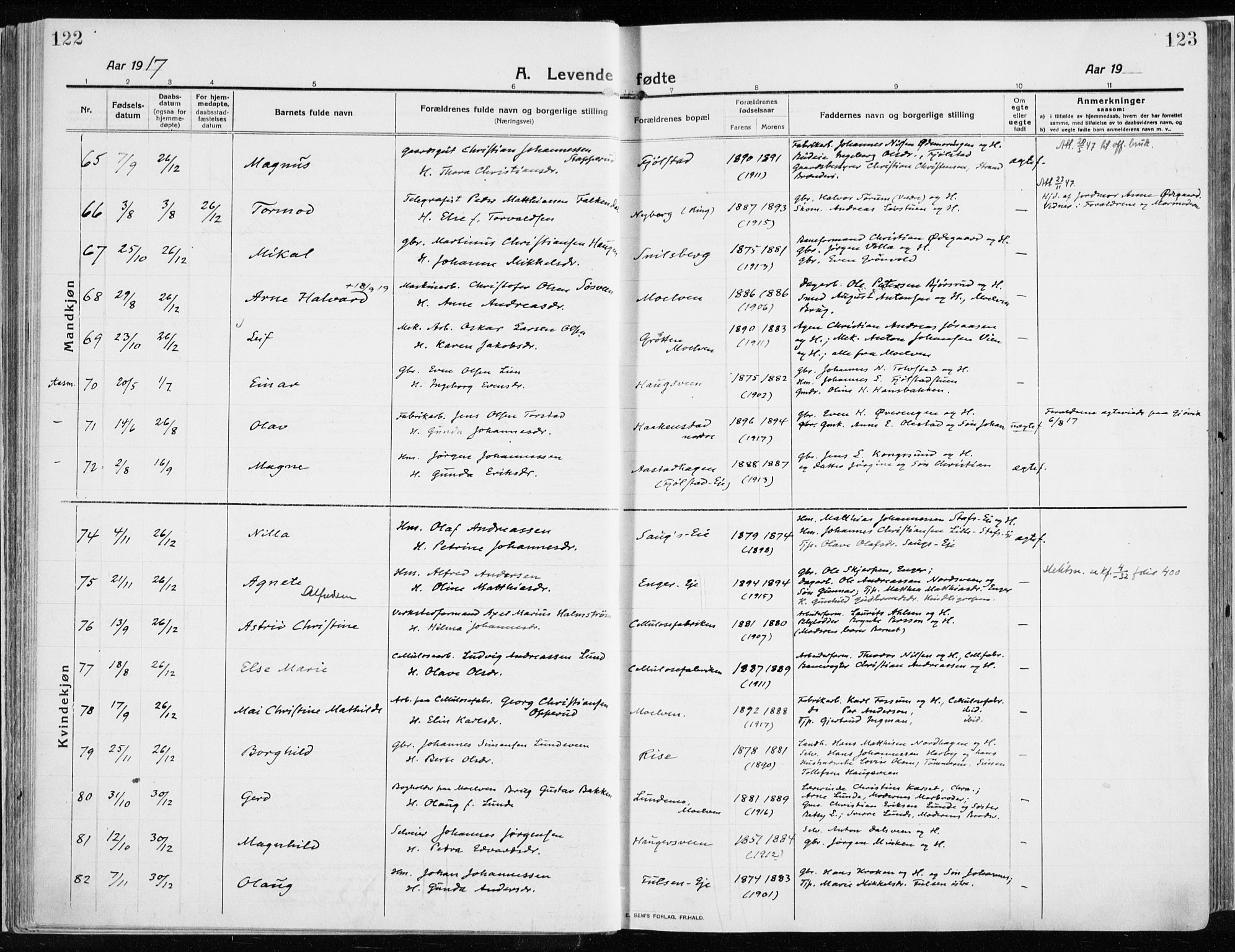 Ringsaker prestekontor, AV/SAH-PREST-014/K/Ka/L0020: Parish register (official) no. 20, 1913-1922, p. 122-123