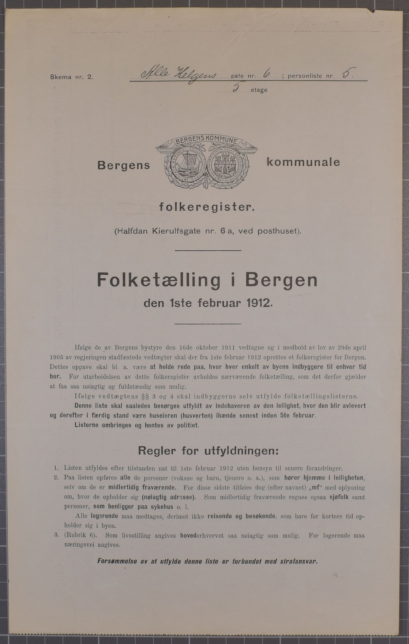 SAB, Municipal Census 1912 for Bergen, 1912, p. 1436