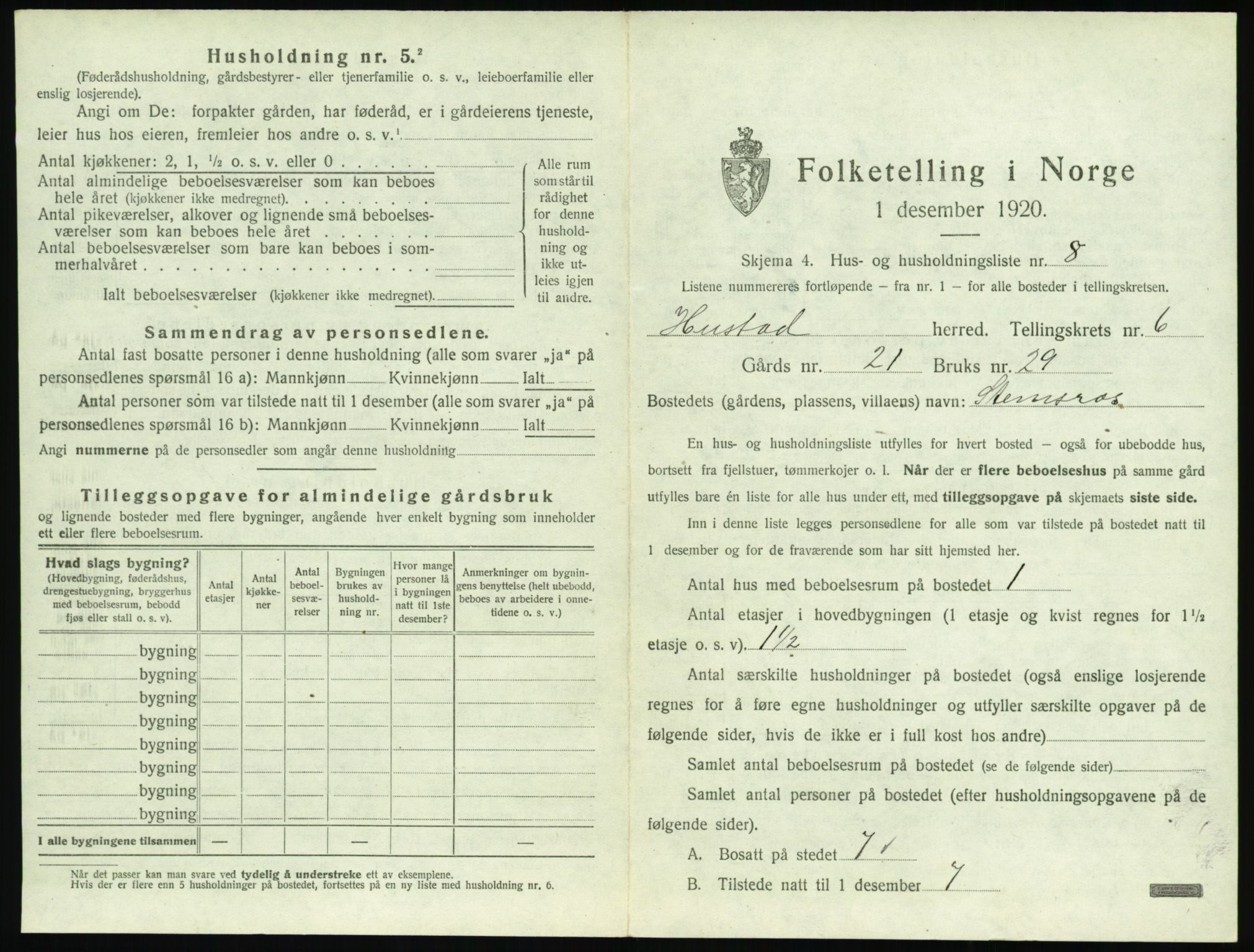 SAT, 1920 census for Hustad, 1920, p. 621