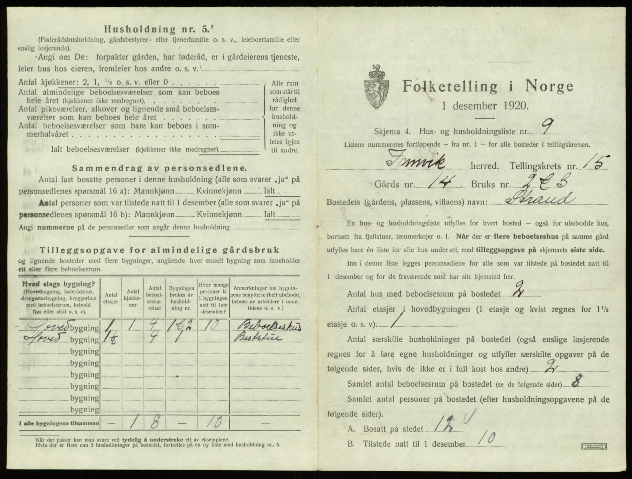 SAB, 1920 census for Innvik, 1920, p. 933