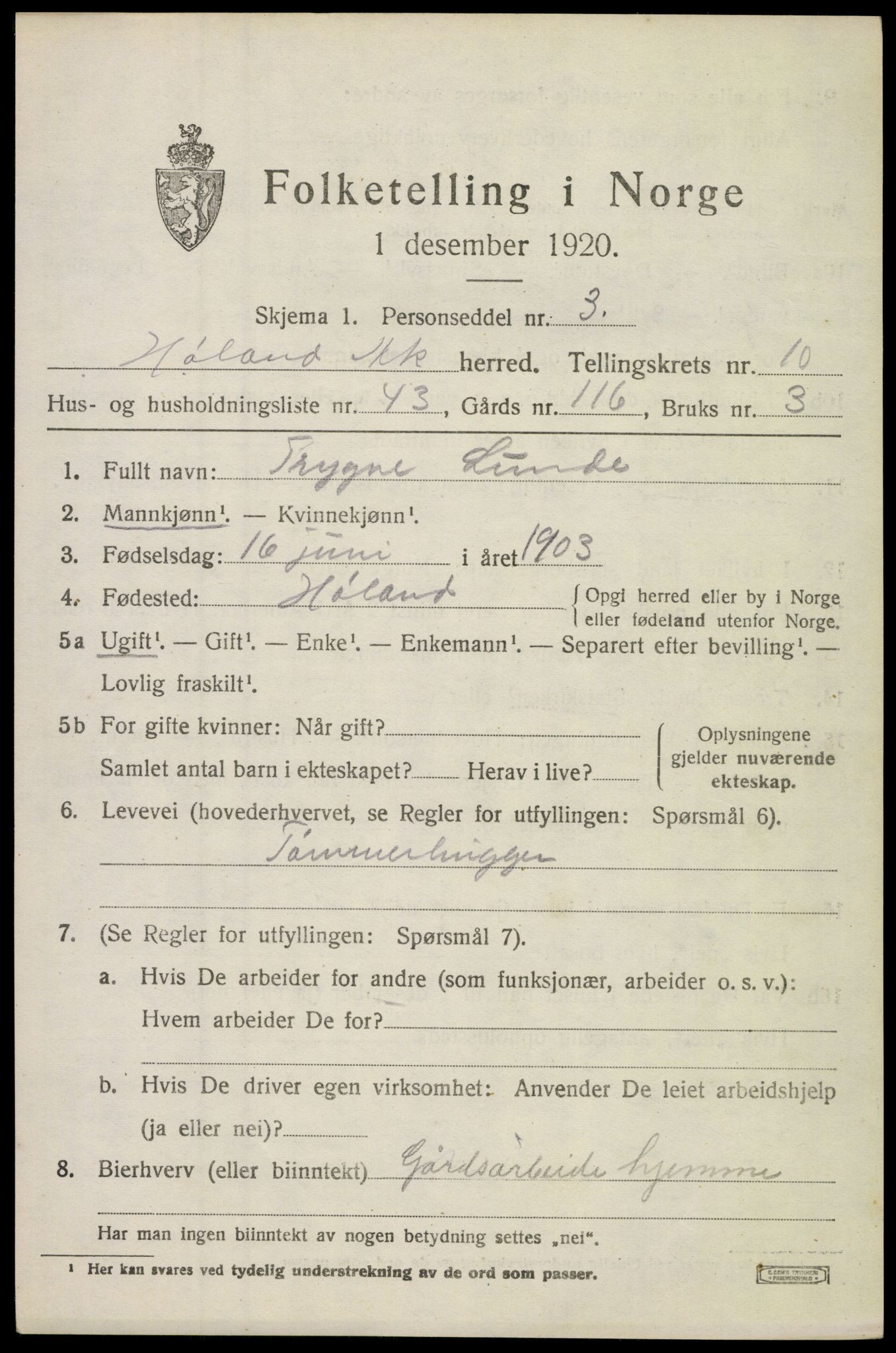 SAO, 1920 census for Høland, 1920, p. 10755